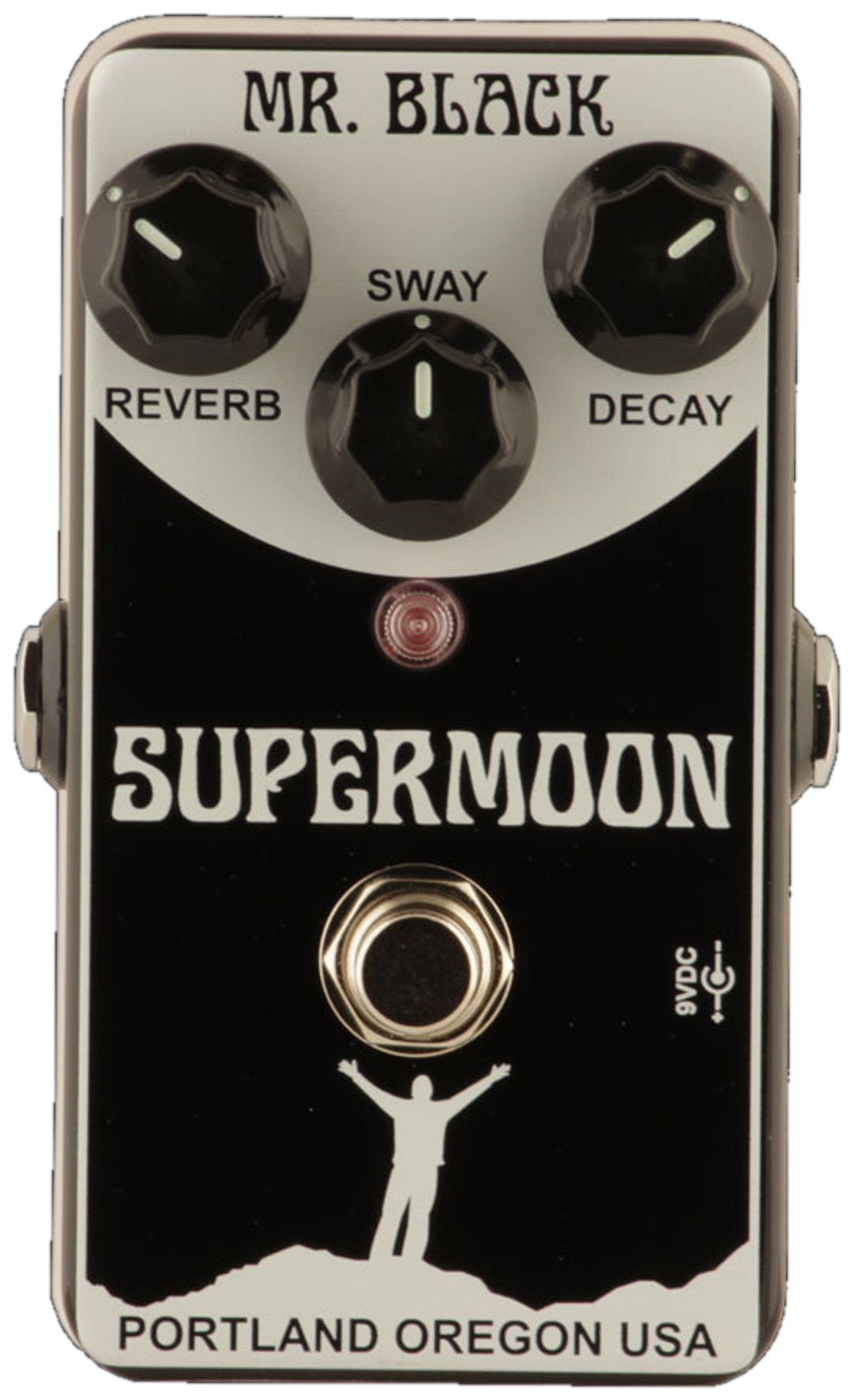 Mr. Black SuperMoon, top view, black and silver enclosure, Reverb, Sway and Decay knobs