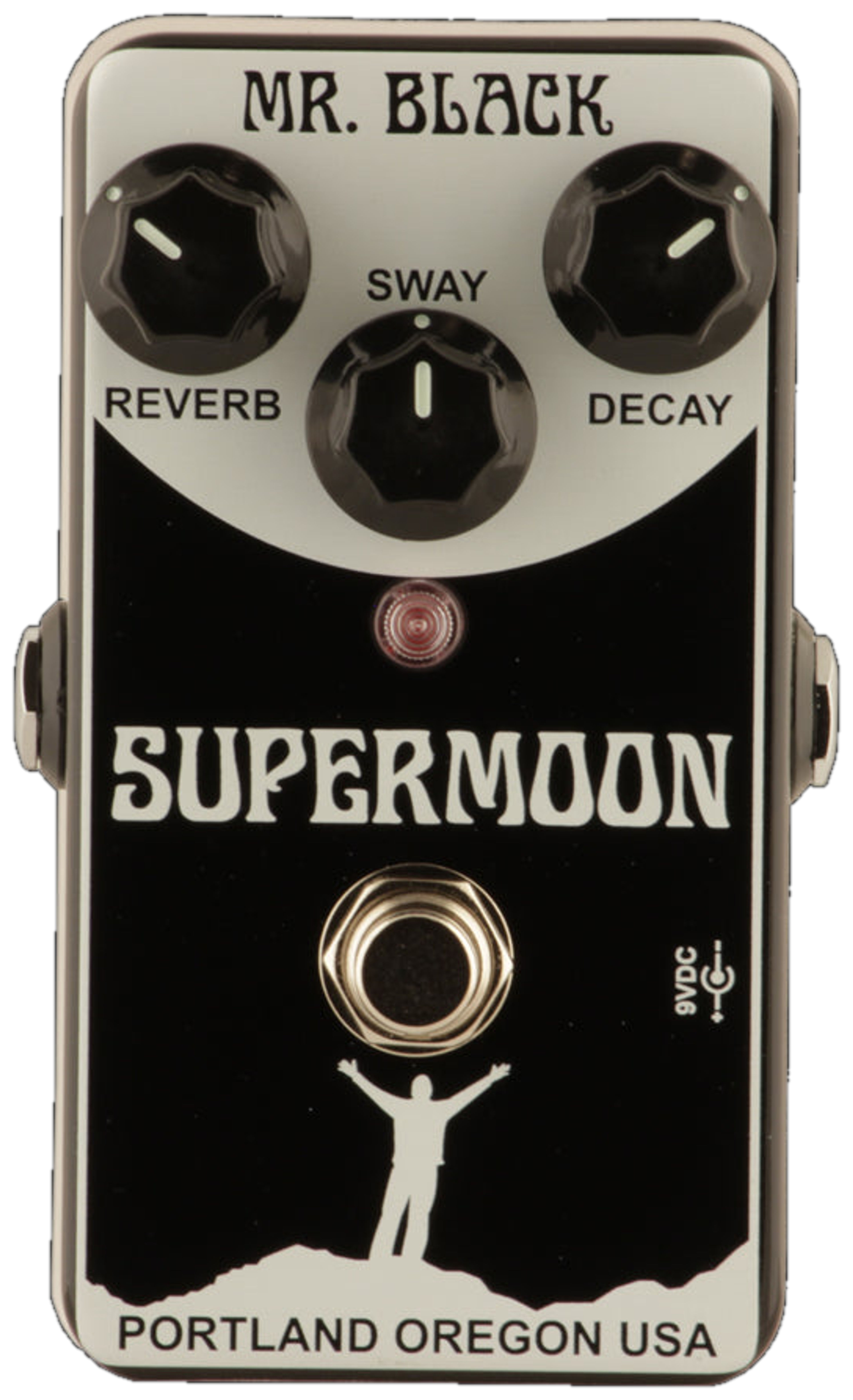Mr. Black SuperMoon, top view, black and silver enclosure, Reverb, Sway and Decay knobs