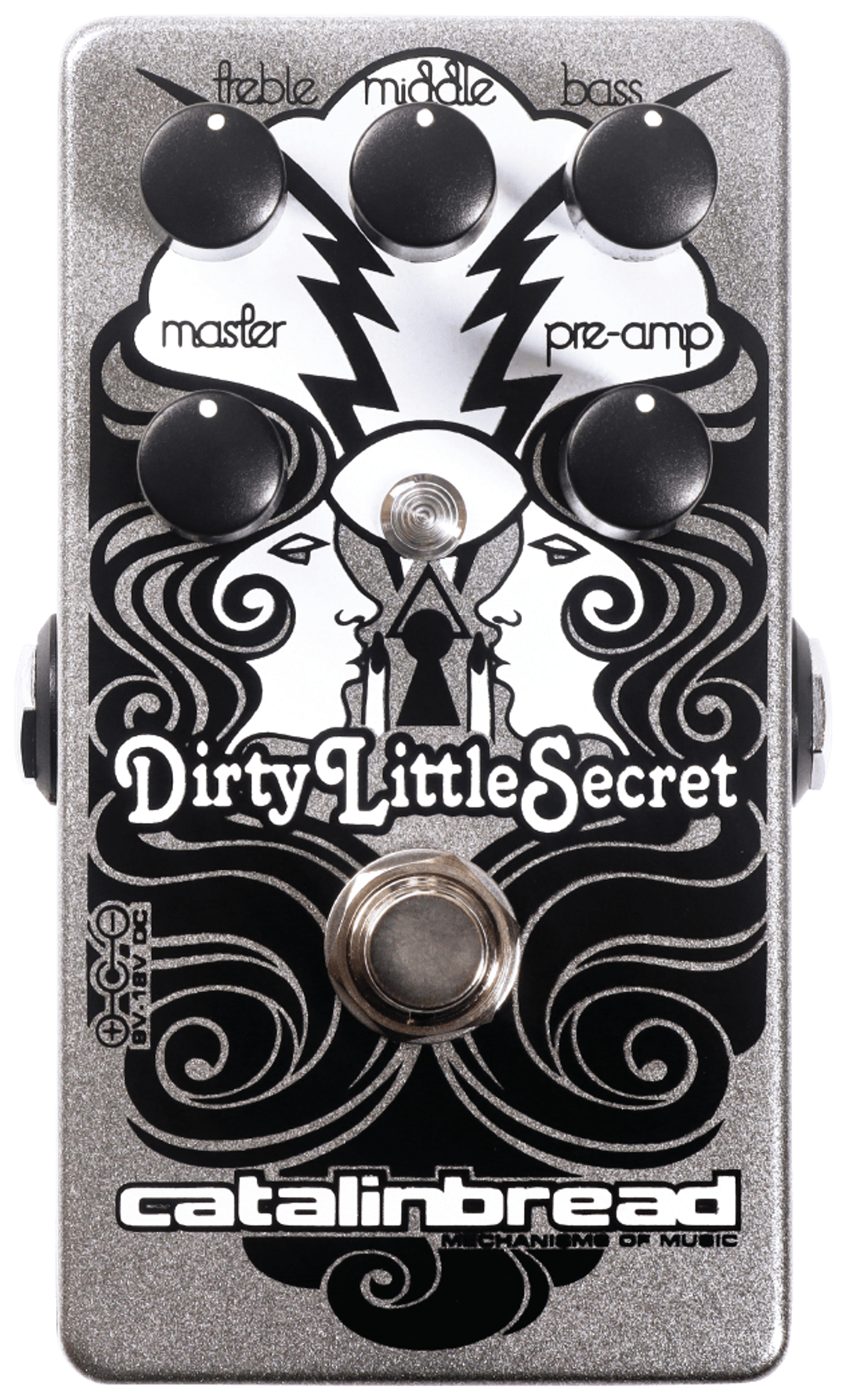 Catalinbread Dirty Little Secret MKIII, top-down view, silver enclosure, five black knobs, mirrored faces artwork