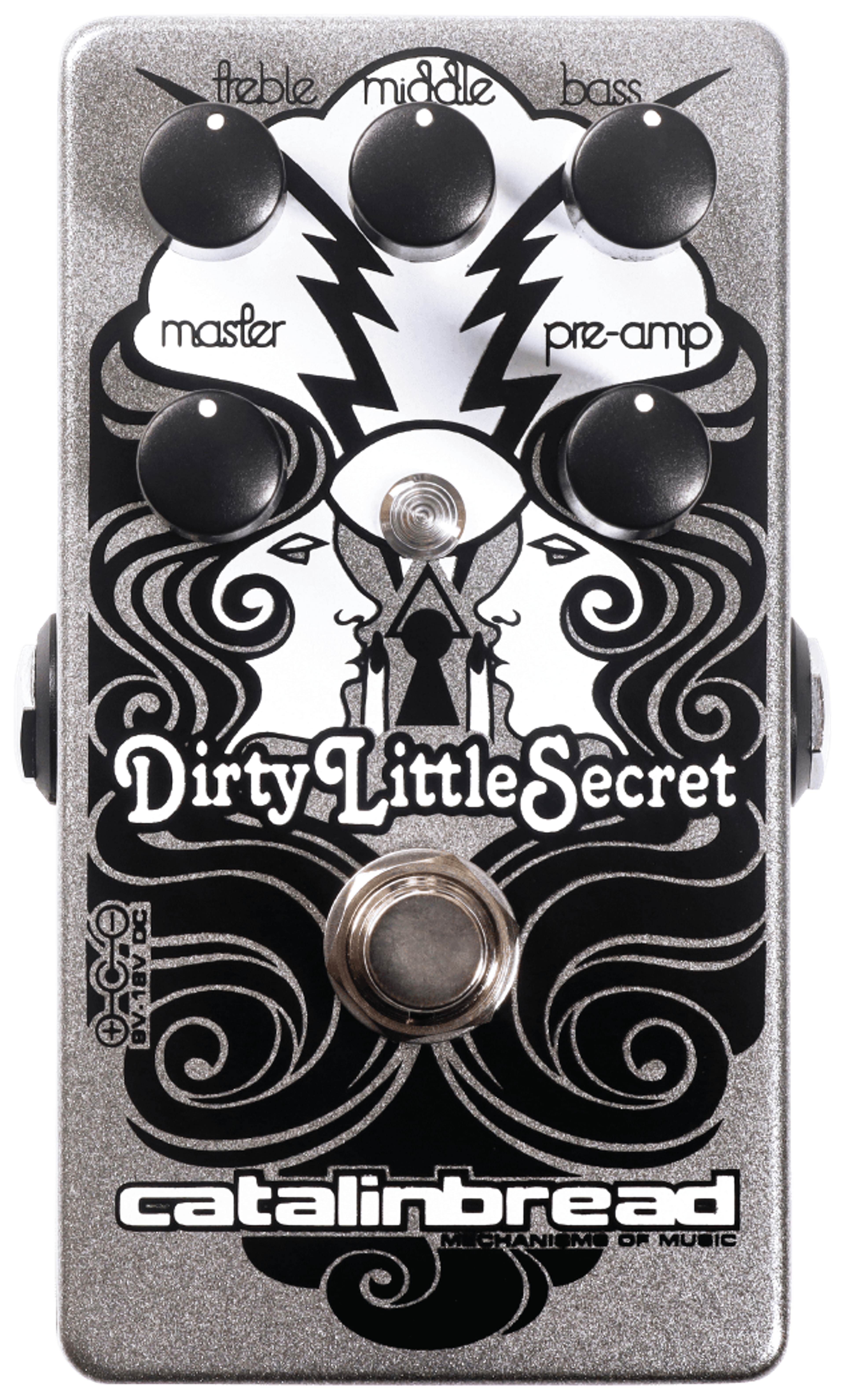 Catalinbread Dirty Little Secret MKIII, top-down view, silver enclosure, five black knobs, mirrored faces artwork