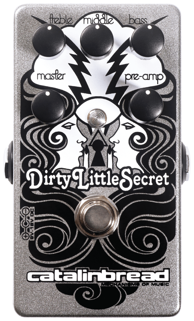 Catalinbread Dirty Little Secret MKIII, top-down view, silver enclosure, five black knobs, mirrored faces artwork