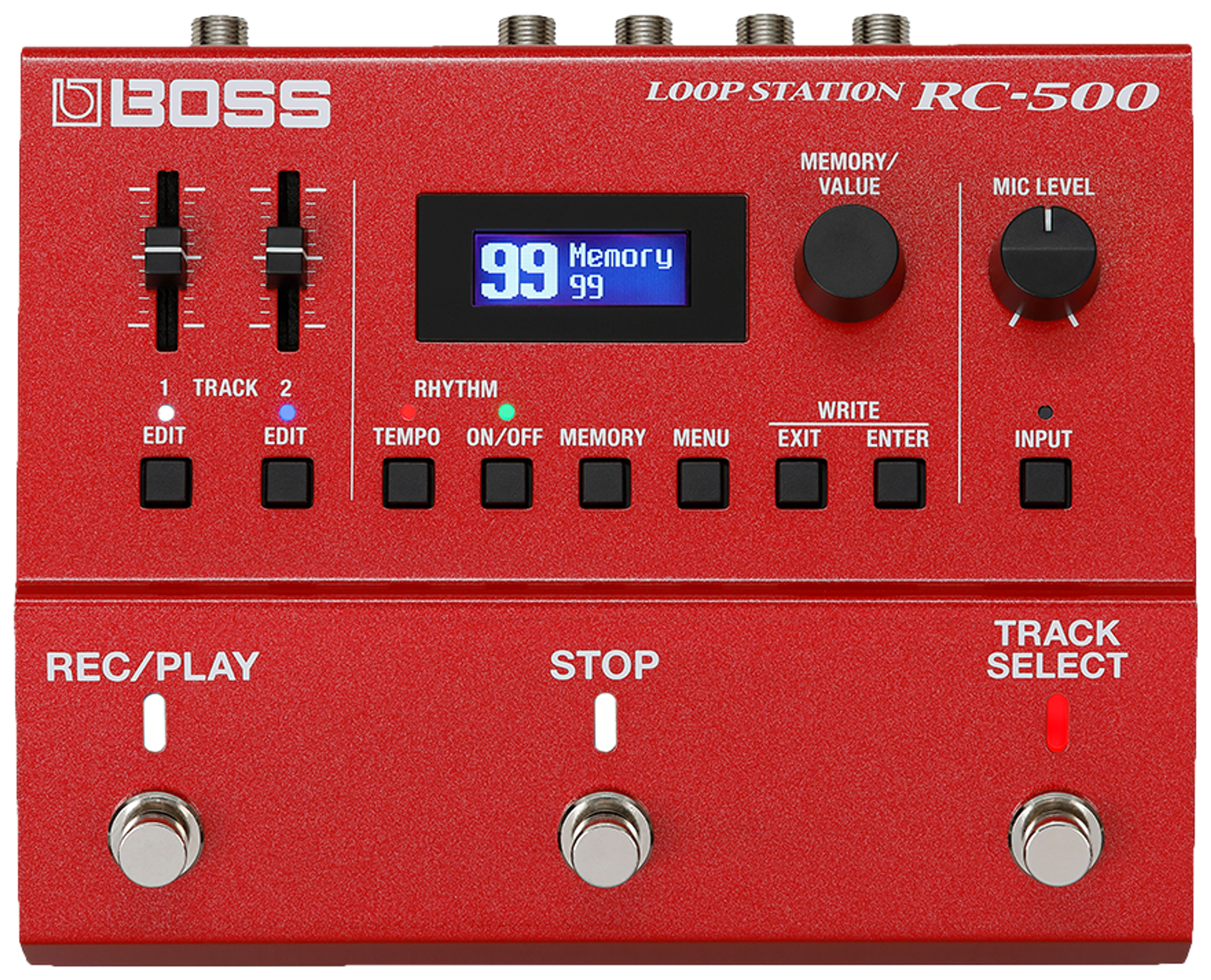 BOSS RC-500 Loop Station, top-down view, red enclosure, track sliders, blue-backlit display, three footswitches