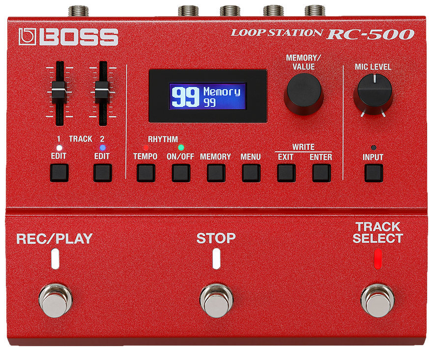 BOSS RC-500 Loop Station, top-down view, red enclosure, track sliders, blue-backlit display, three footswitches