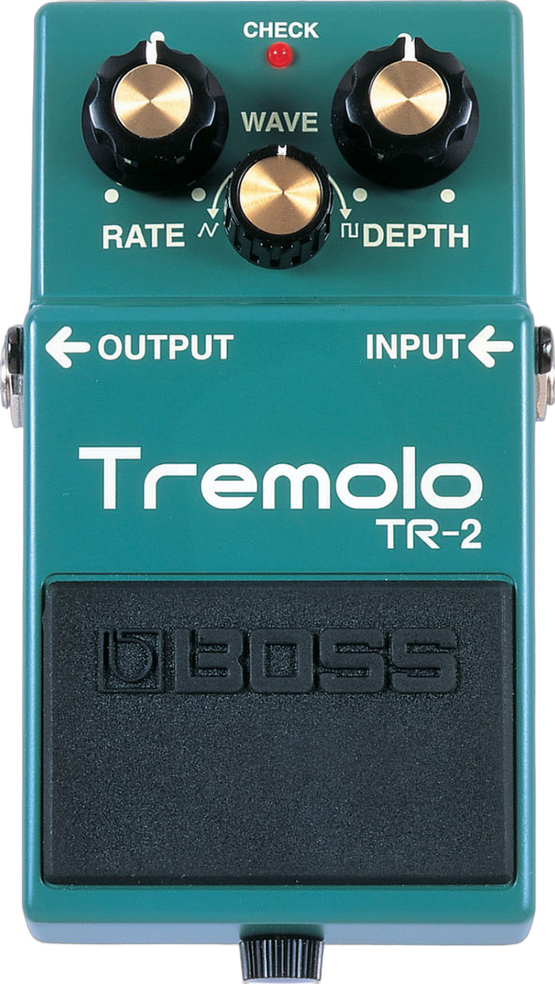BOSS TR-2 Tremolo, top-down view, teal compact chassis, Rate Depth Wave knobs, BOSS footswitch