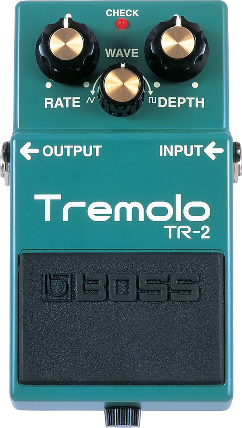 BOSS TR-2 Tremolo, top-down view, teal compact chassis, Rate Depth Wave knobs, BOSS footswitch