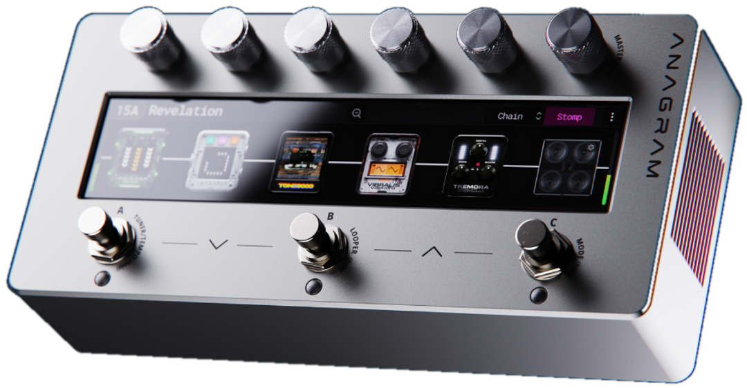 Darkglass Anagram, three-quarter front view, silver chassis, touchscreen, six endless knobs, three footswitches