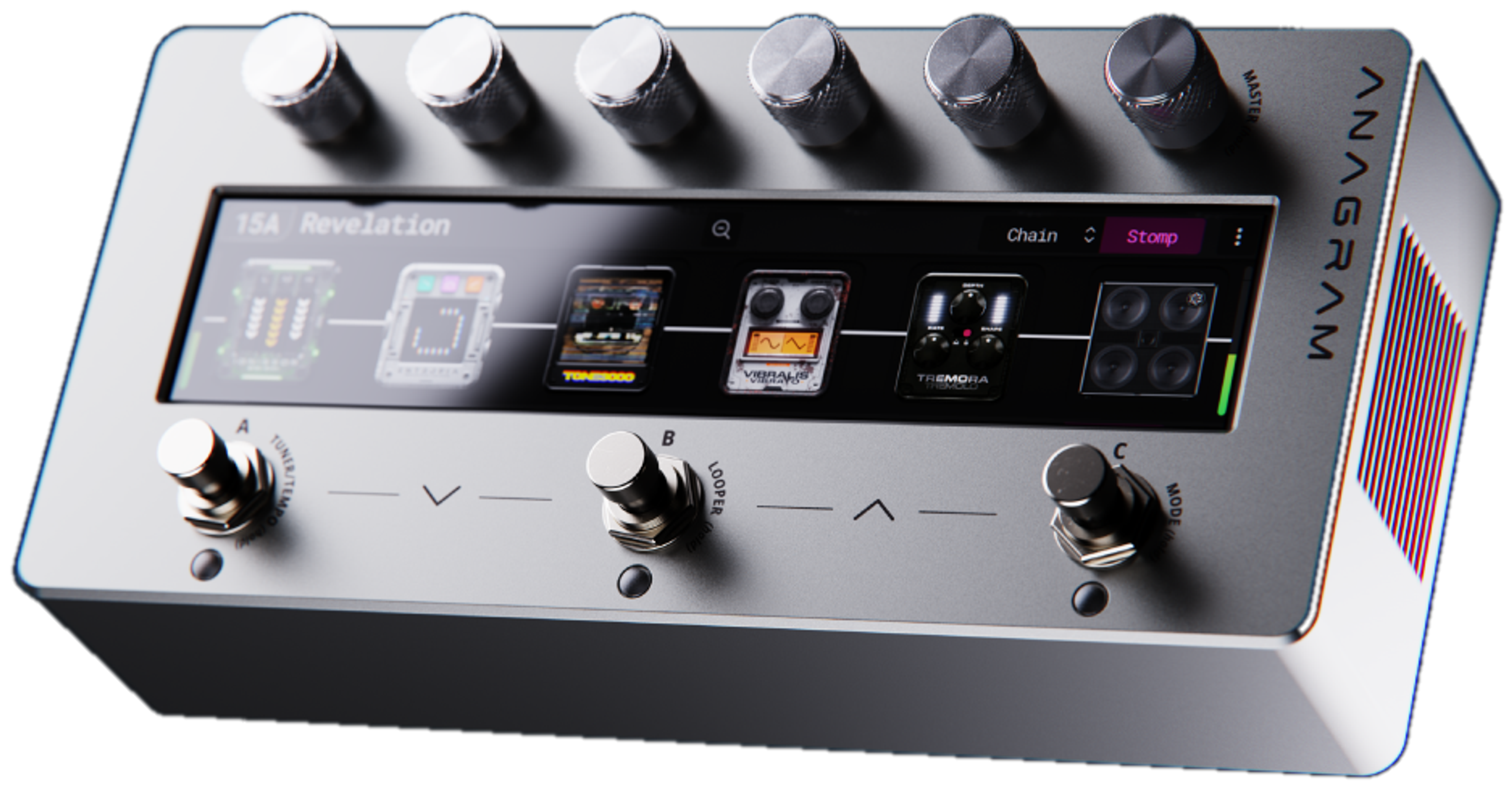 Darkglass Anagram, three-quarter front view, silver chassis, touchscreen, six endless knobs, three footswitches