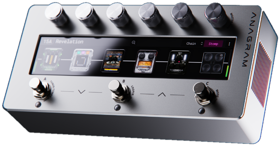 Darkglass Anagram, three-quarter front view, silver chassis, touchscreen, six endless knobs, three footswitches