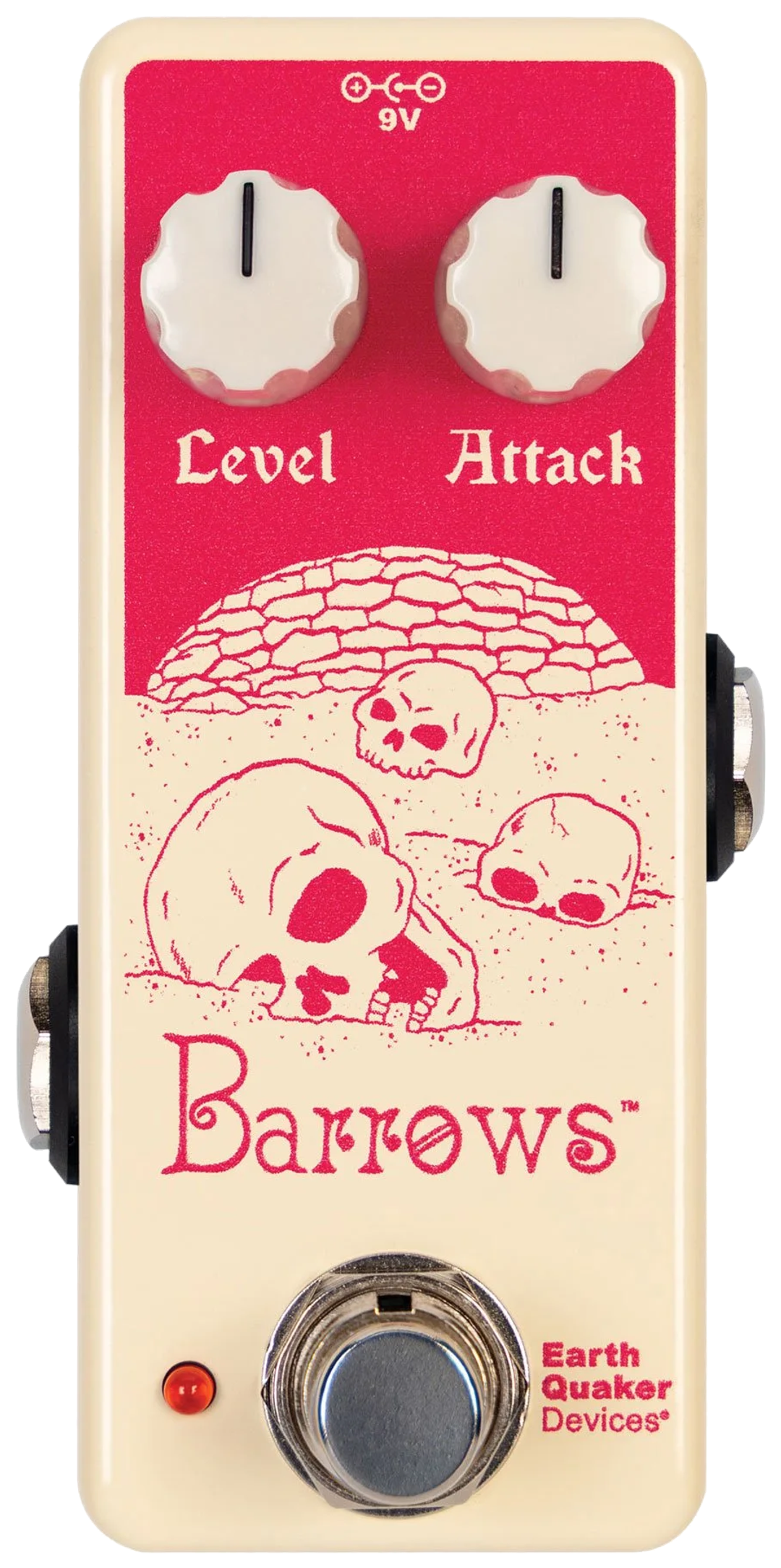 EarthQuaker Devices Barrows Fuzz Attacker, top-down view, cream enclosure, red skull artwork, Level and Attack knobs