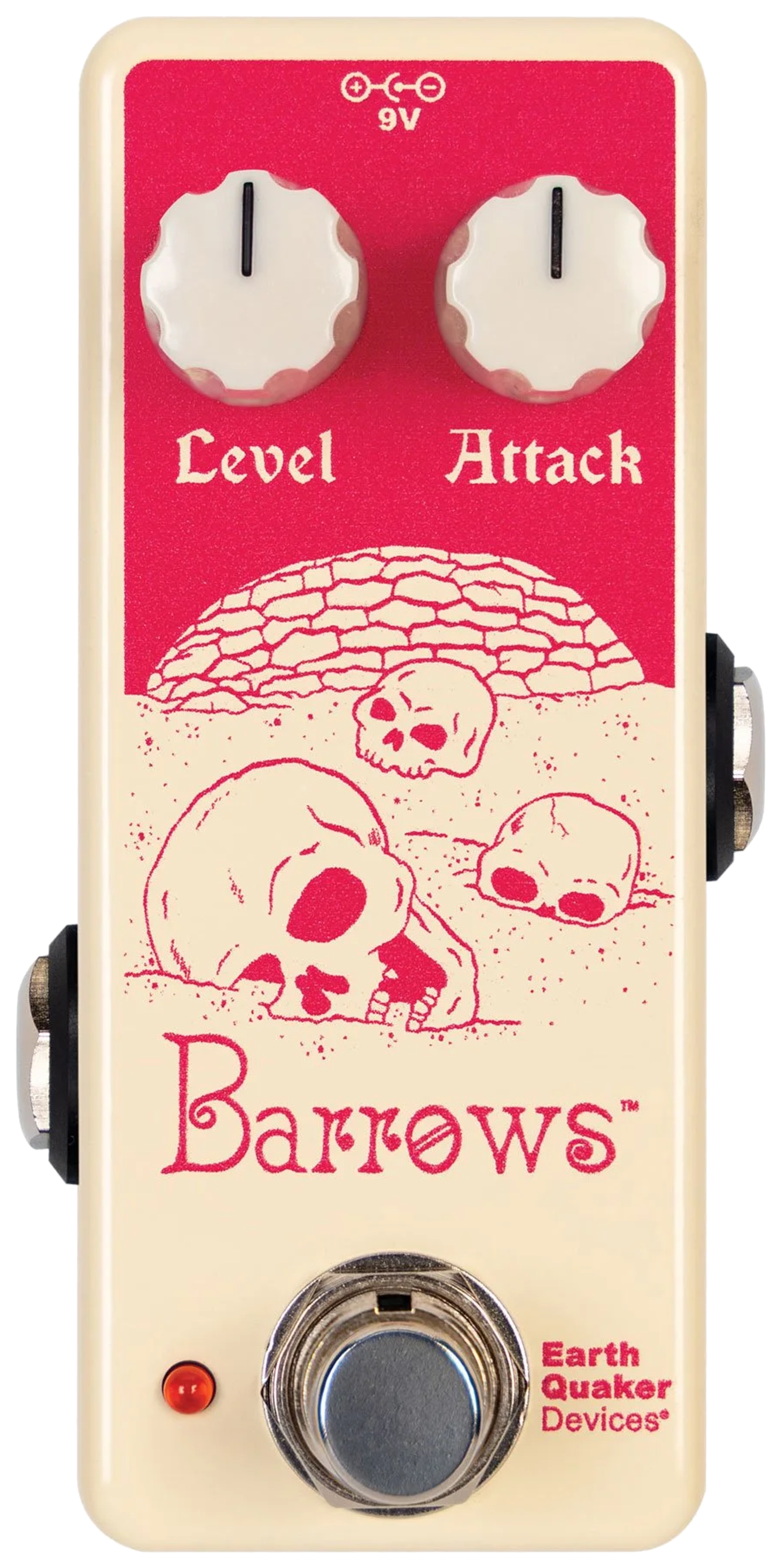 EarthQuaker Devices Barrows Fuzz Attacker, top-down view, cream enclosure, red skull artwork, Level and Attack knobs