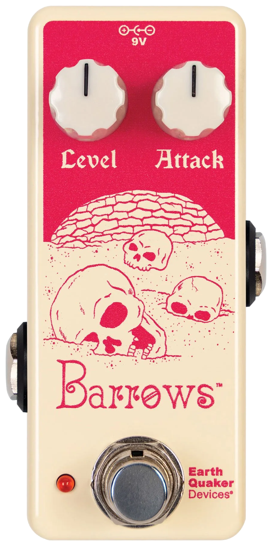 EarthQuaker Devices Barrows Fuzz Attacker, top-down view, cream enclosure, red skull artwork, Level and Attack knobs