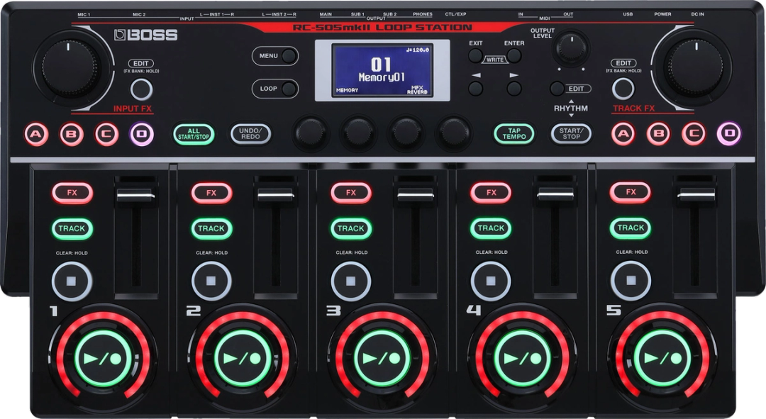 BOSS RC-505mkII, top-down view, five track faders, red-ringed play buttons, central display