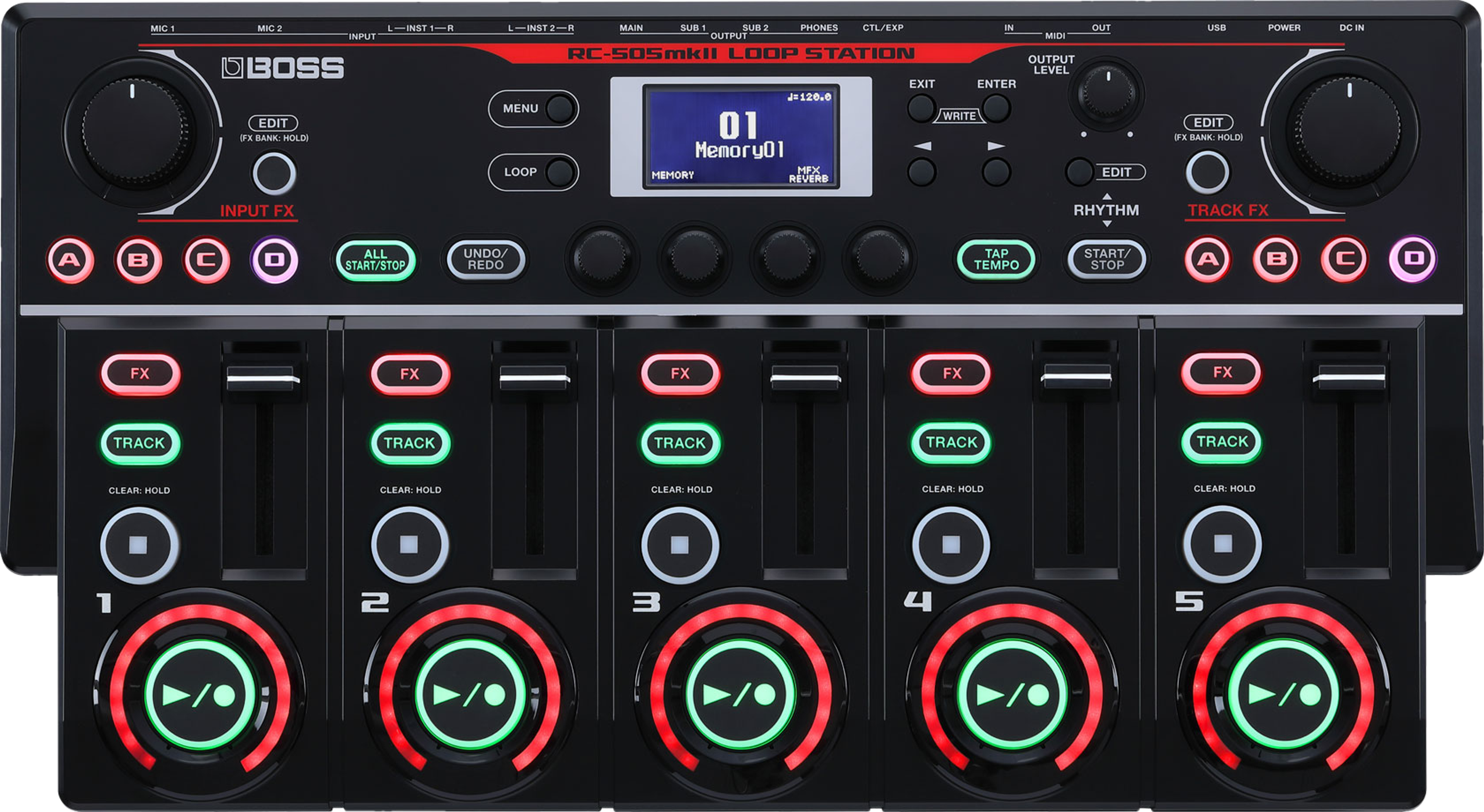 BOSS RC-505mkII, top-down view, five track faders, red-ringed play buttons, central display
