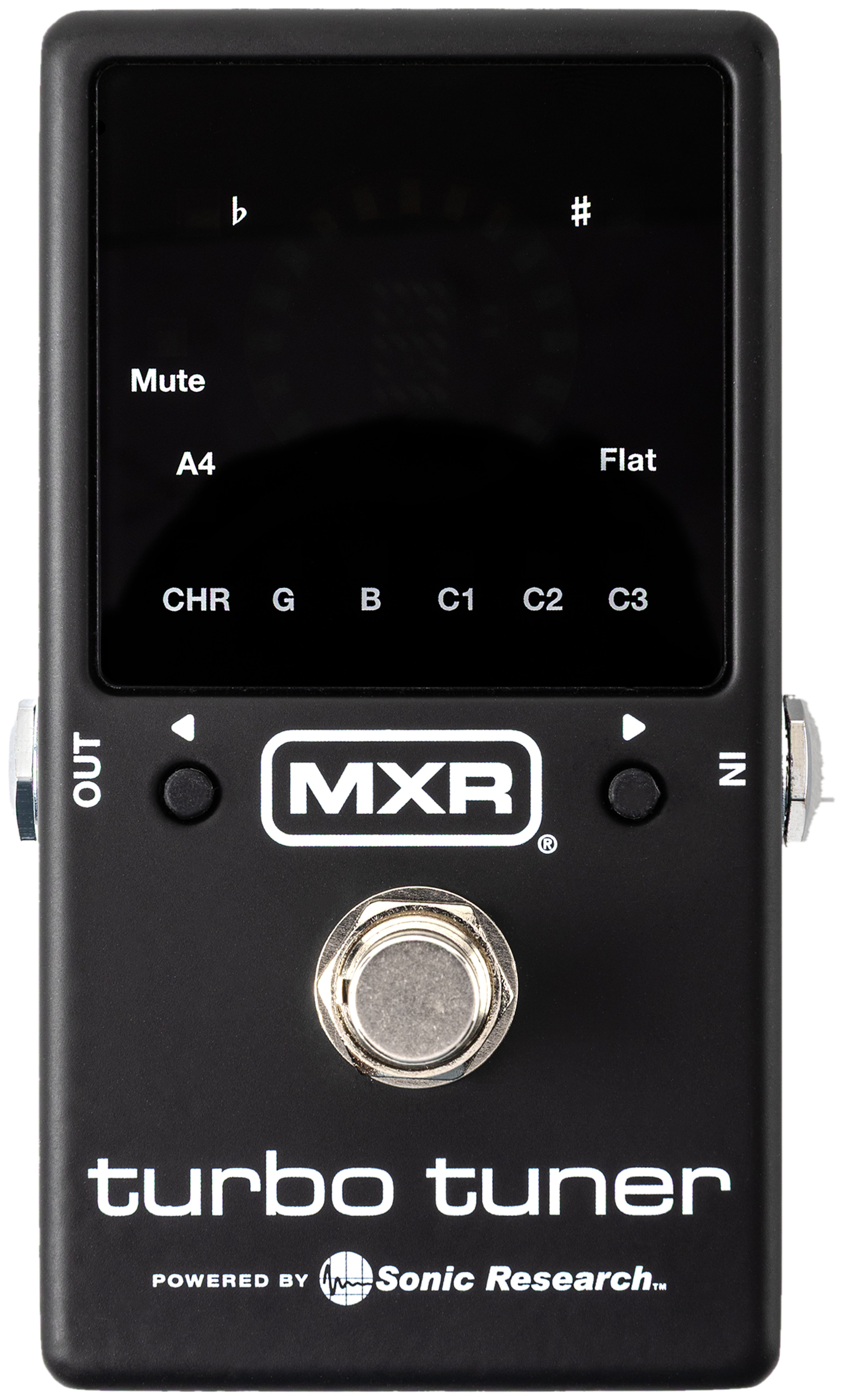 MXR M400 Turbo Tuner, top-down, black enclosure with square strobe display, MXR badge, chrome footswitch and side jacks