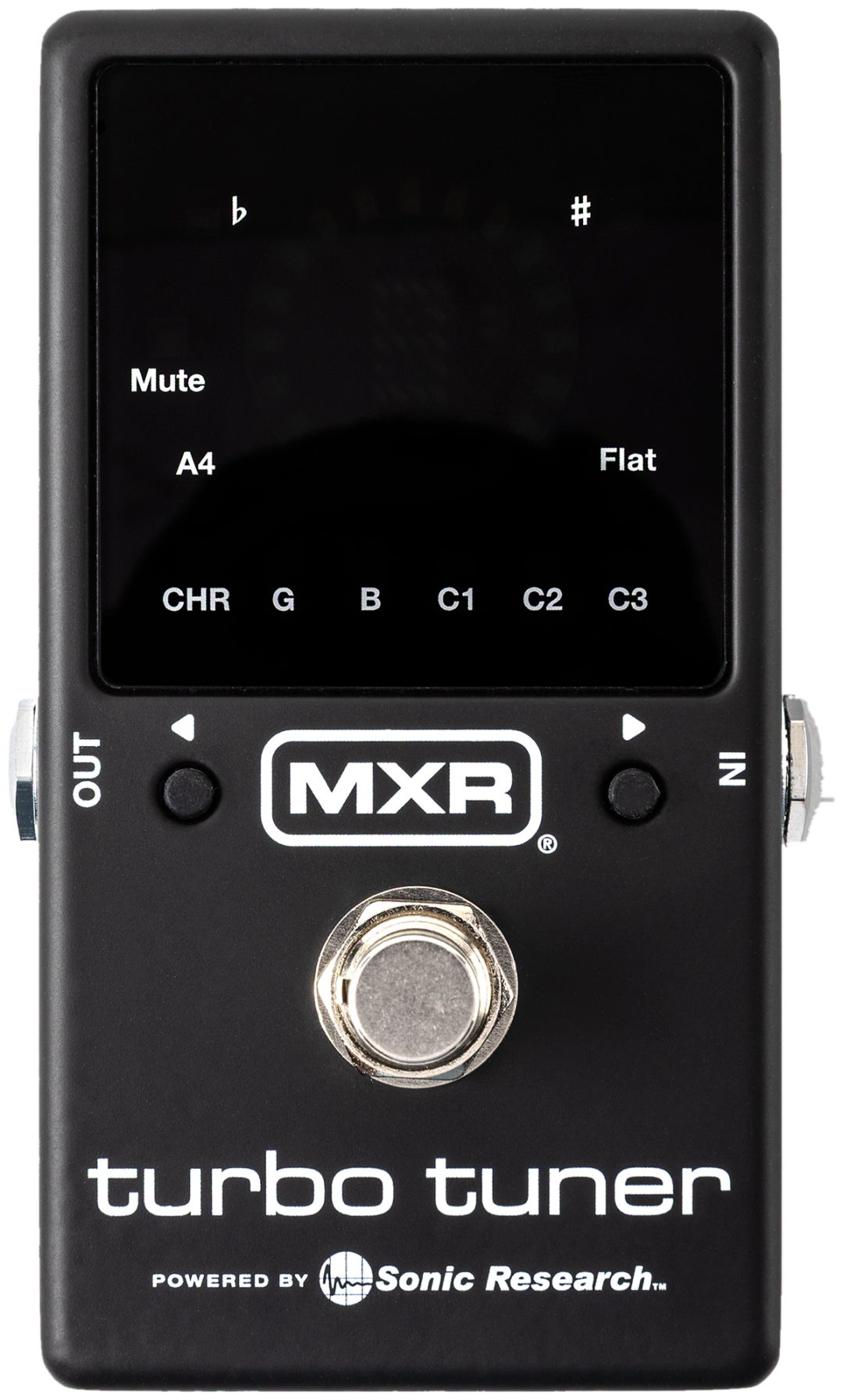 MXR M400 Turbo Tuner, top-down, black enclosure with square strobe display, MXR badge, chrome footswitch and side jacks