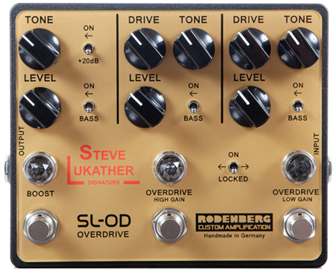Rodenberg SL-OD, top-down view, gold enclosure, Steve Lukather signature, three footswitches and Locked switch