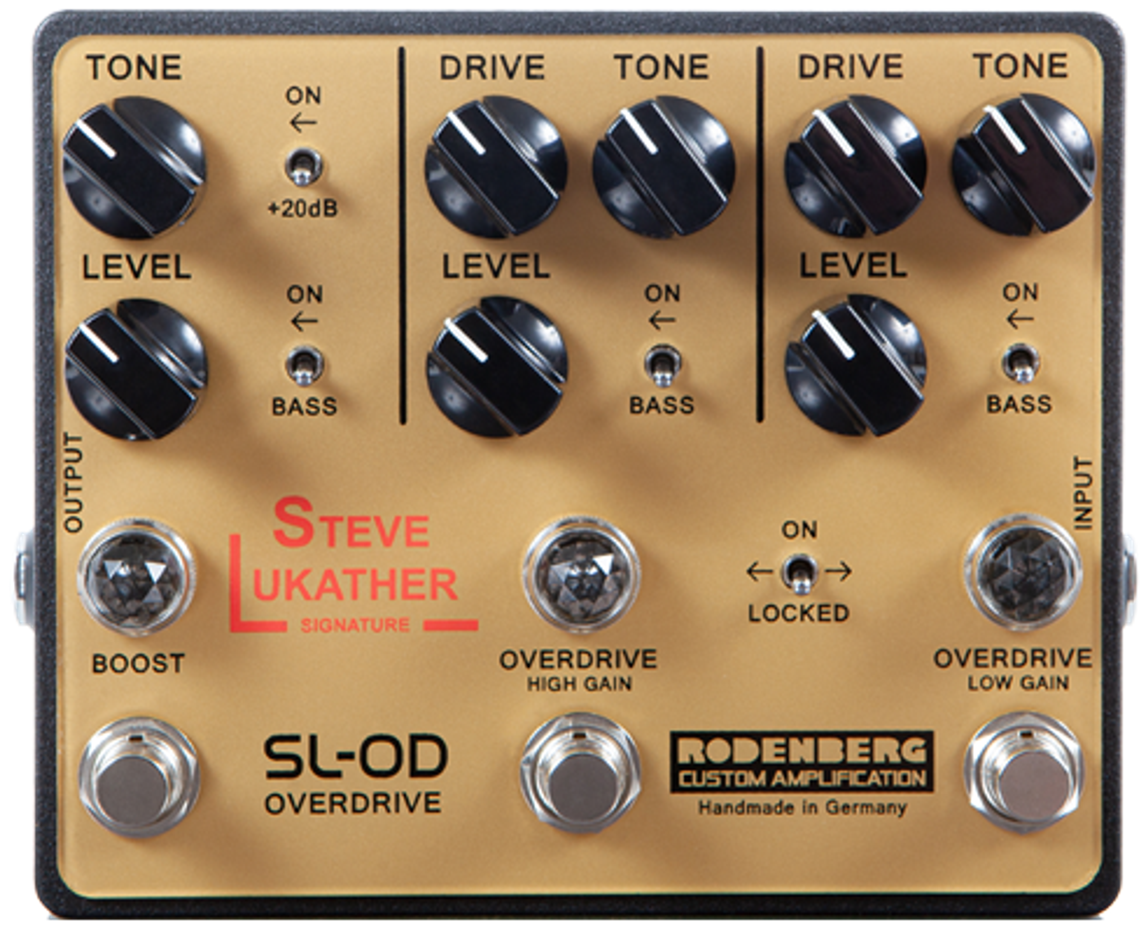 Rodenberg SL-OD, top-down view, gold enclosure, Steve Lukather signature, three footswitches and Locked switch