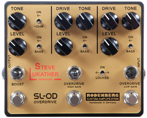 Rodenberg SL-OD, top-down view, gold enclosure, Steve Lukather signature, three footswitches and Locked switch