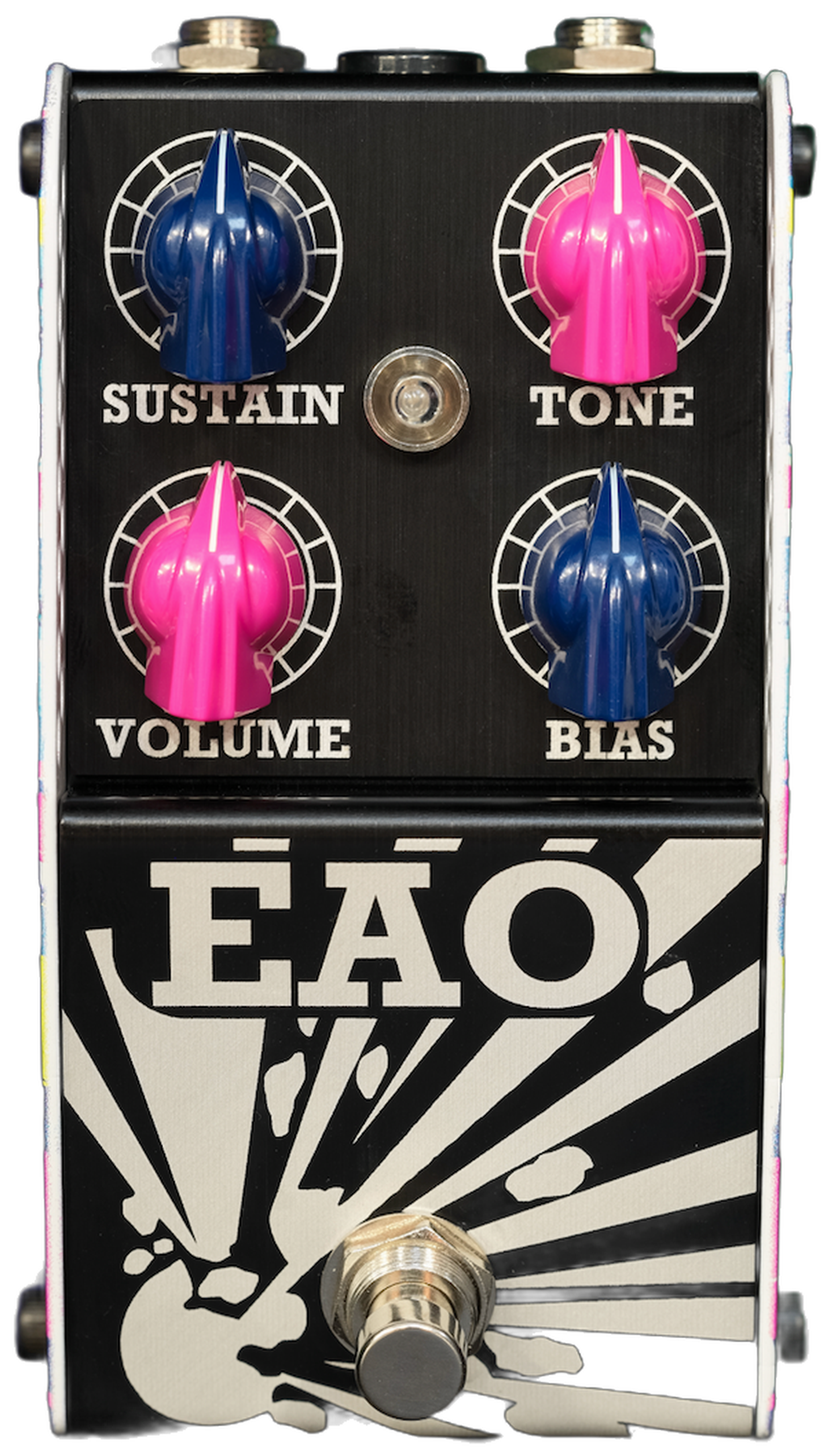 ThorpyFX EAO, front view, black panel with pink and blue Sustain, Tone, Volume and Bias knobs and the EAO explosion graphic