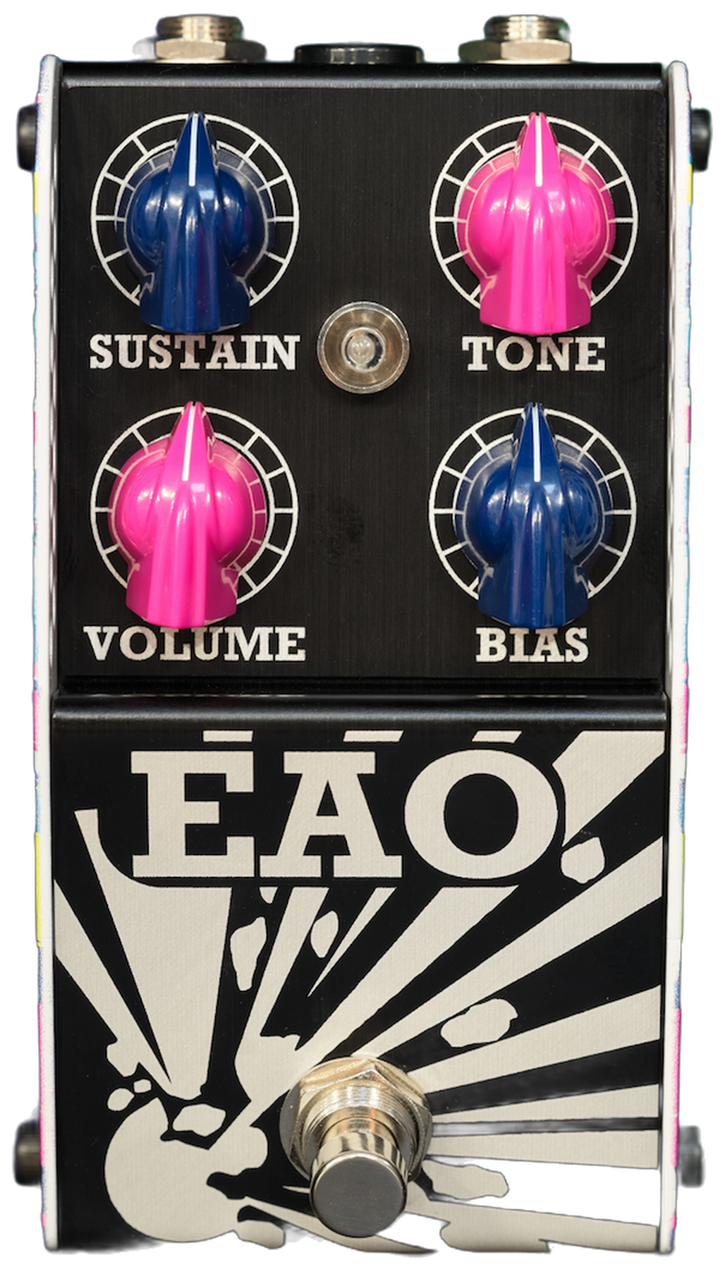 ThorpyFX EAO, front view, black panel with pink and blue Sustain, Tone, Volume and Bias knobs and the EAO explosion graphic