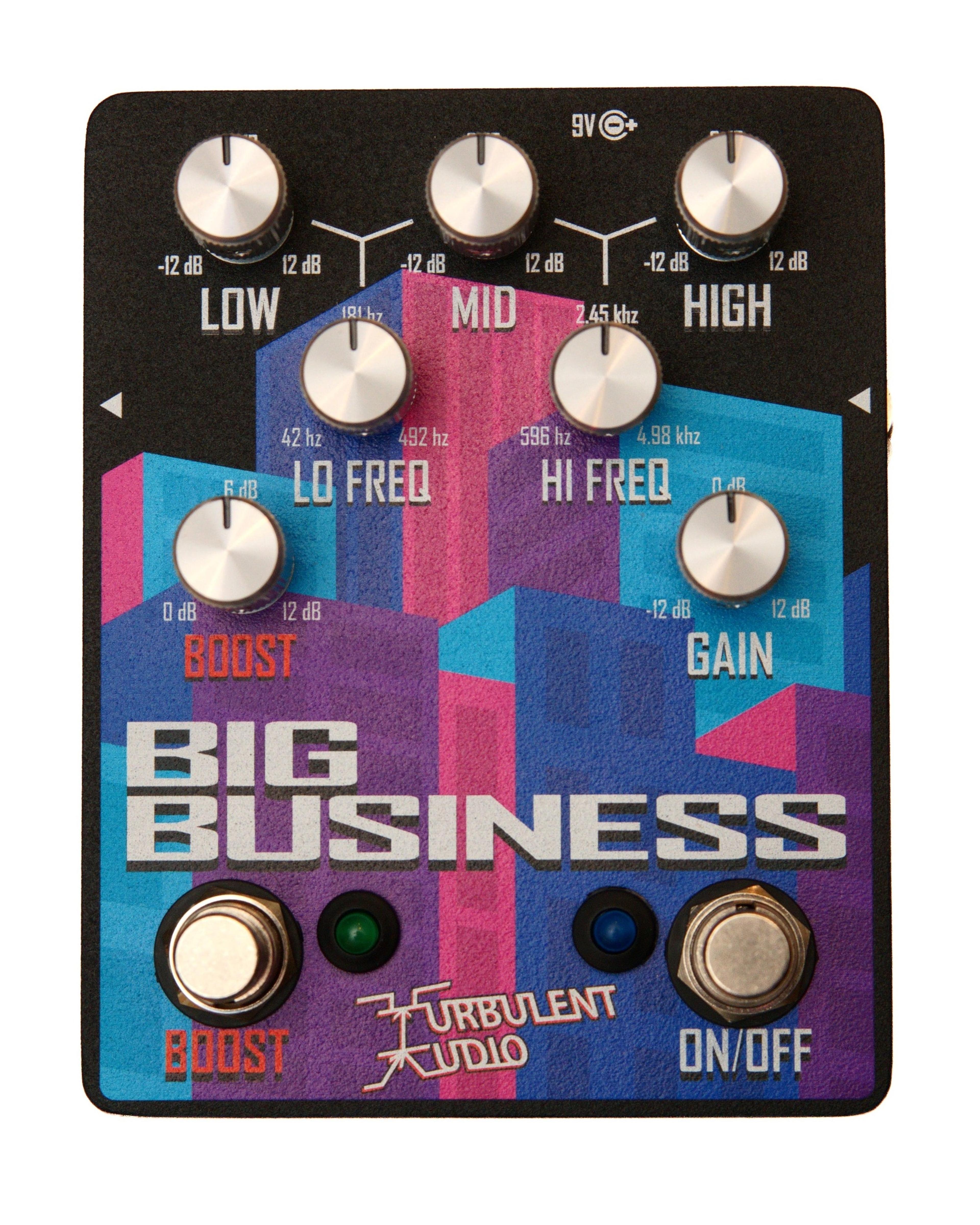 Turbulent Audio Big Business pedal seen from the front, with a purple, pink and blue city-skyline graphic, eight knobs and Boost and On/Off footswitches