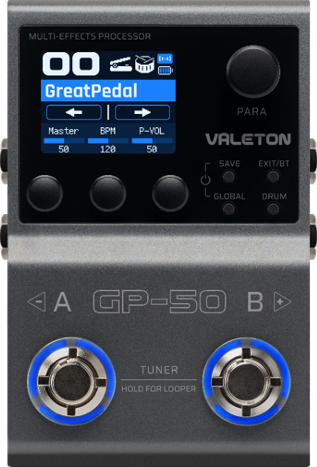 Valeton GP-50, top-down view, grey multi-effects pedal with colour screen, five knobs and two footswitches