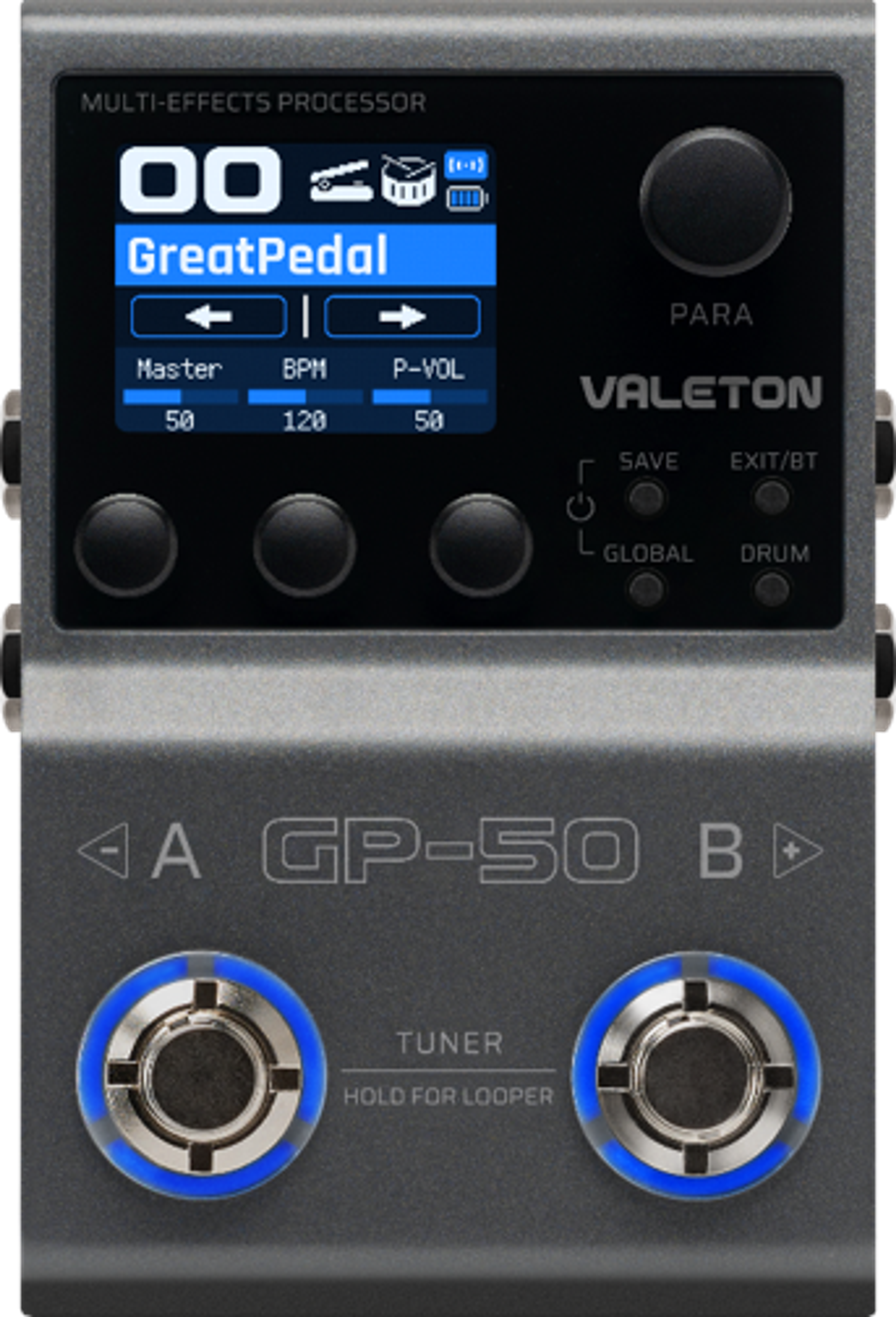 Valeton GP-50, top-down view, grey multi-effects pedal with colour screen, five knobs and two footswitches