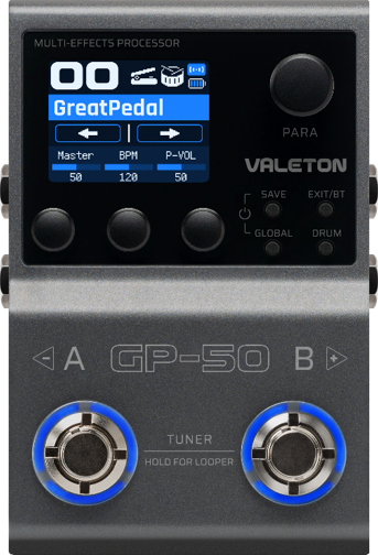 Valeton GP-50, top-down view, grey multi-effects pedal with colour screen, five knobs and two footswitches