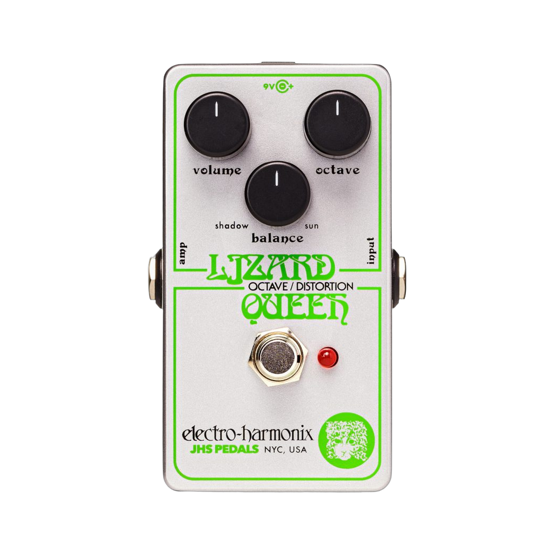 Electro-Harmonix Nano Lizard Queen, top-down view, silver Nano enclosure with lime Lizard Queen lettering, Volume Octave Balance knobs and footswitch