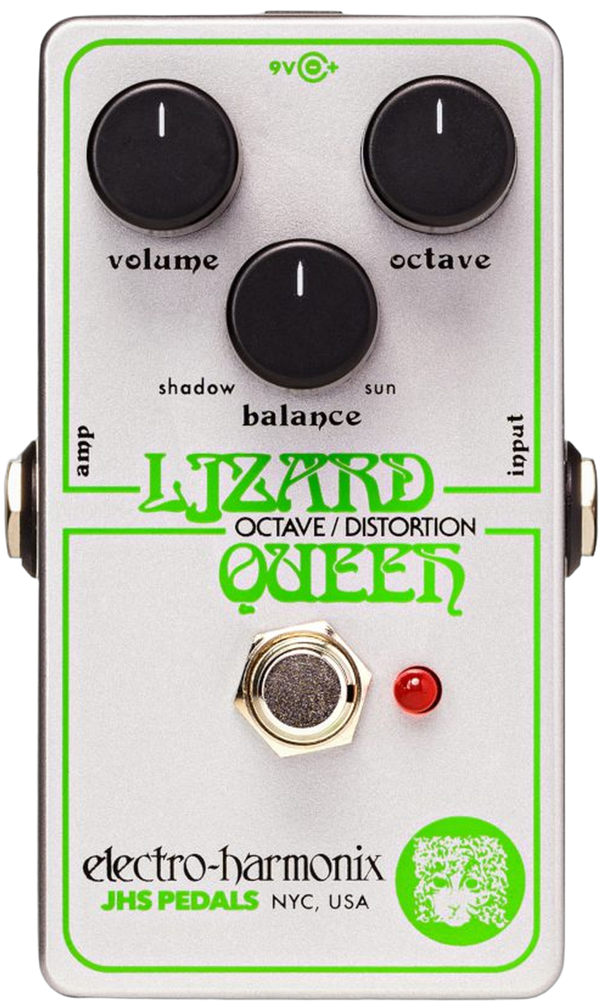 Electro-Harmonix Nano Lizard Queen, top-down view, silver Nano enclosure with lime Lizard Queen lettering, Volume Octave Balance knobs and footswitch