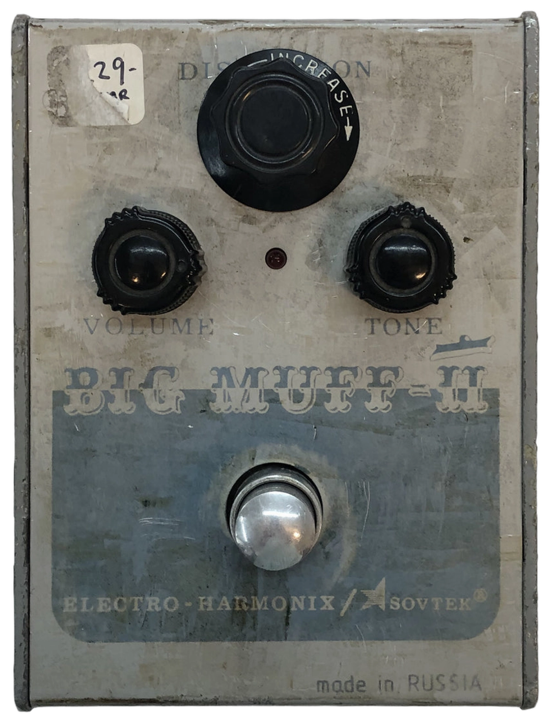 Electro-Harmonix Sovtek Civil War Big Muff Pi, top view, grey and blue enclosure, Volume Tone Distortion knobs, made in Russia