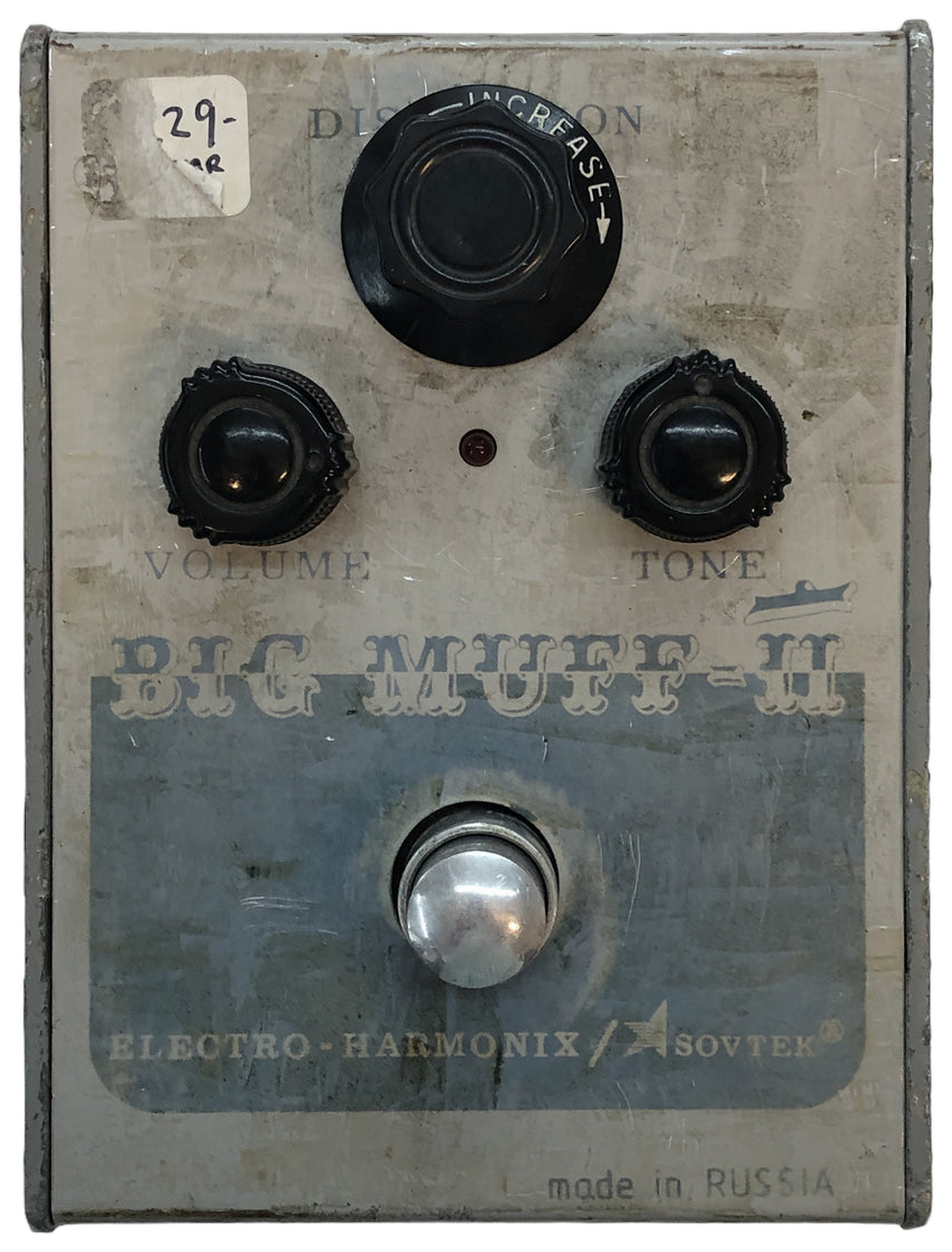 Electro-Harmonix Sovtek Civil War Big Muff Pi, top view, grey and blue enclosure, Volume Tone Distortion knobs, made in Russia
