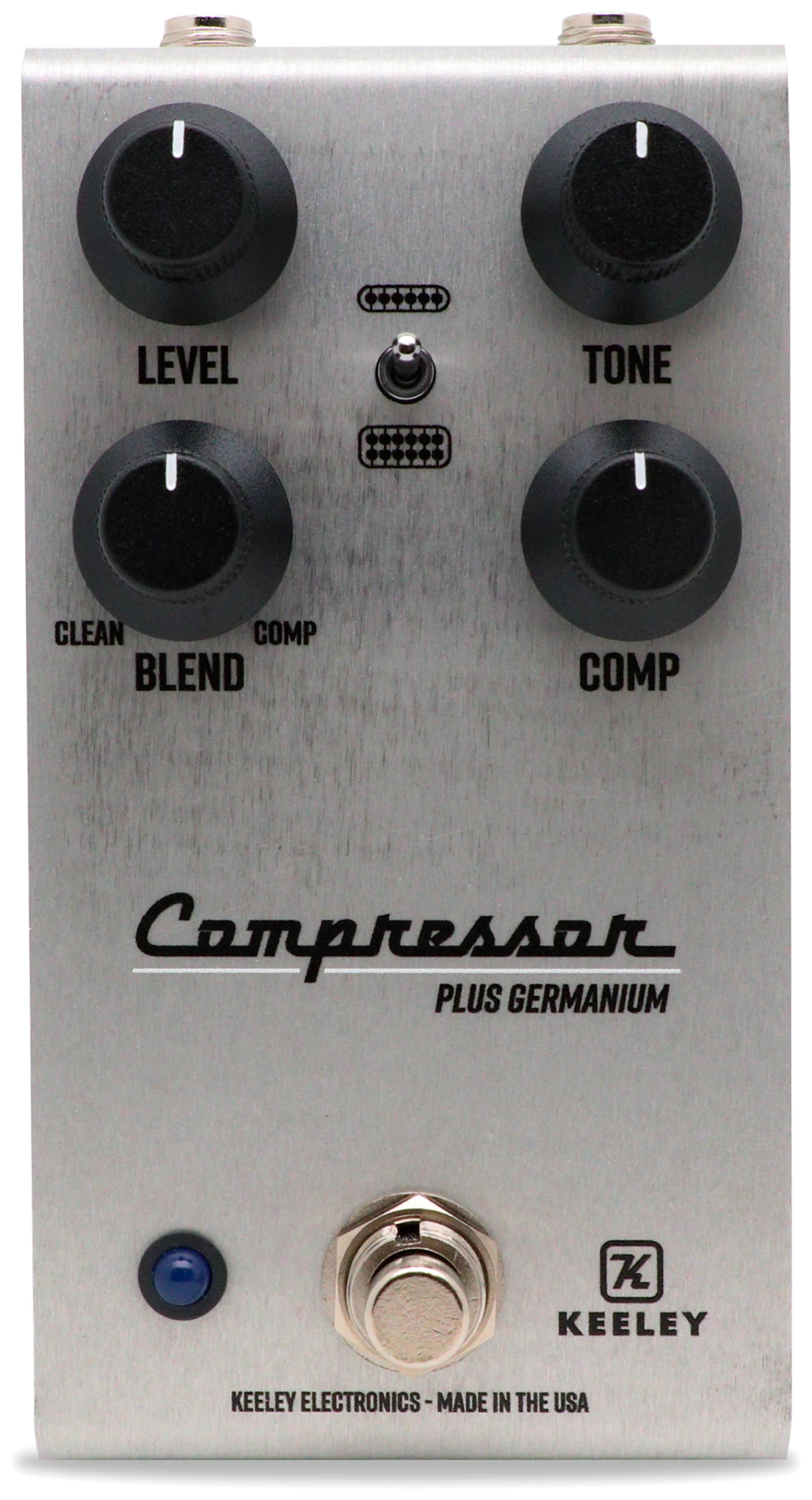 Keeley Compressor Plus Germanium, top-down view, brushed aluminium enclosure, Level/Tone/Blend/Comp knobs, centre voicing toggle