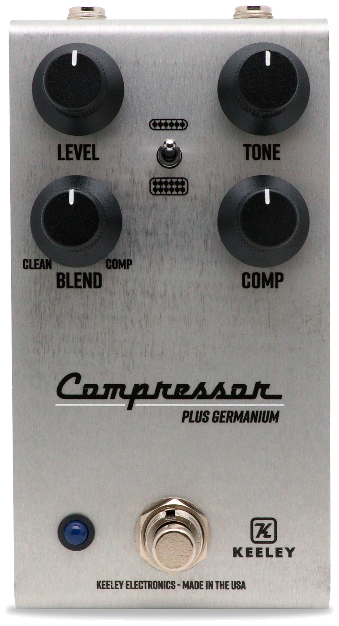 Keeley Compressor Plus Germanium, top-down view, brushed aluminium enclosure, Level/Tone/Blend/Comp knobs, centre voicing toggle