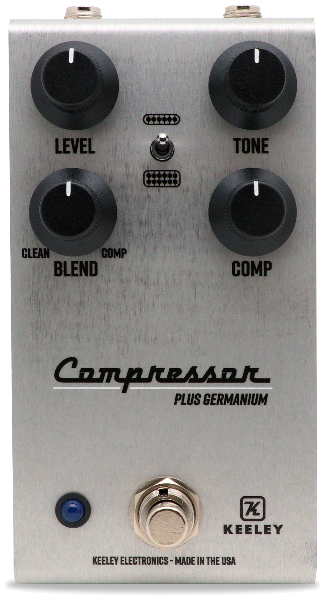 Keeley Compressor Plus Germanium top-down packshot, brushed aluminium enclosure with Level, Tone, Blend and Comp knobs, centre toggle and footswitch