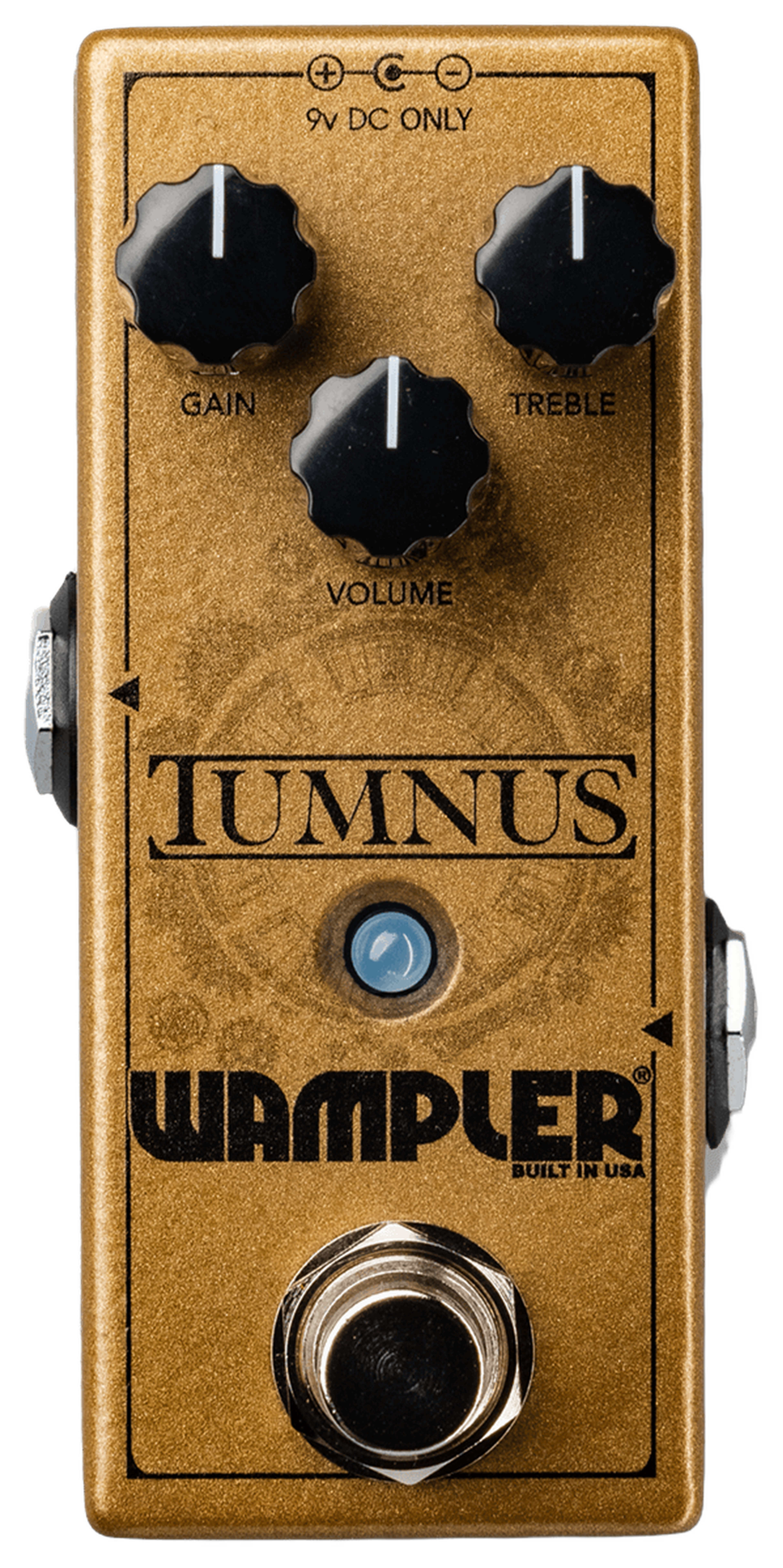 Wampler Tumnus, top view, gold mini enclosure, Gain Treble Volume knobs, chrome footswitch