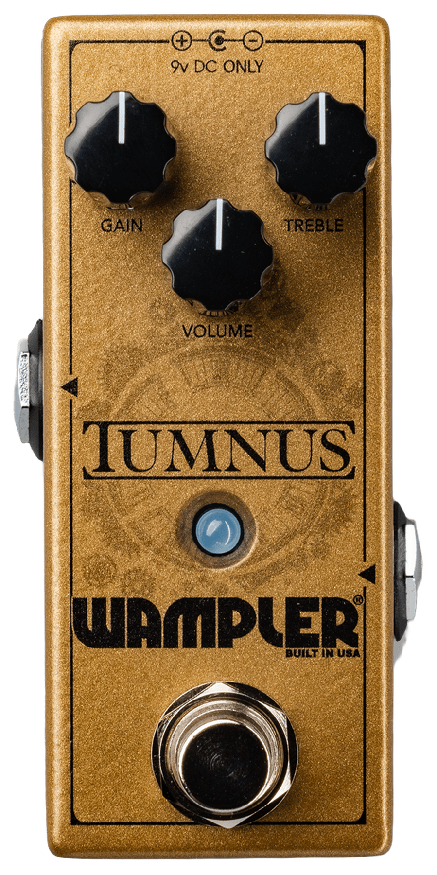 Wampler Tumnus, top view, gold mini enclosure, Gain Treble Volume knobs, chrome footswitch