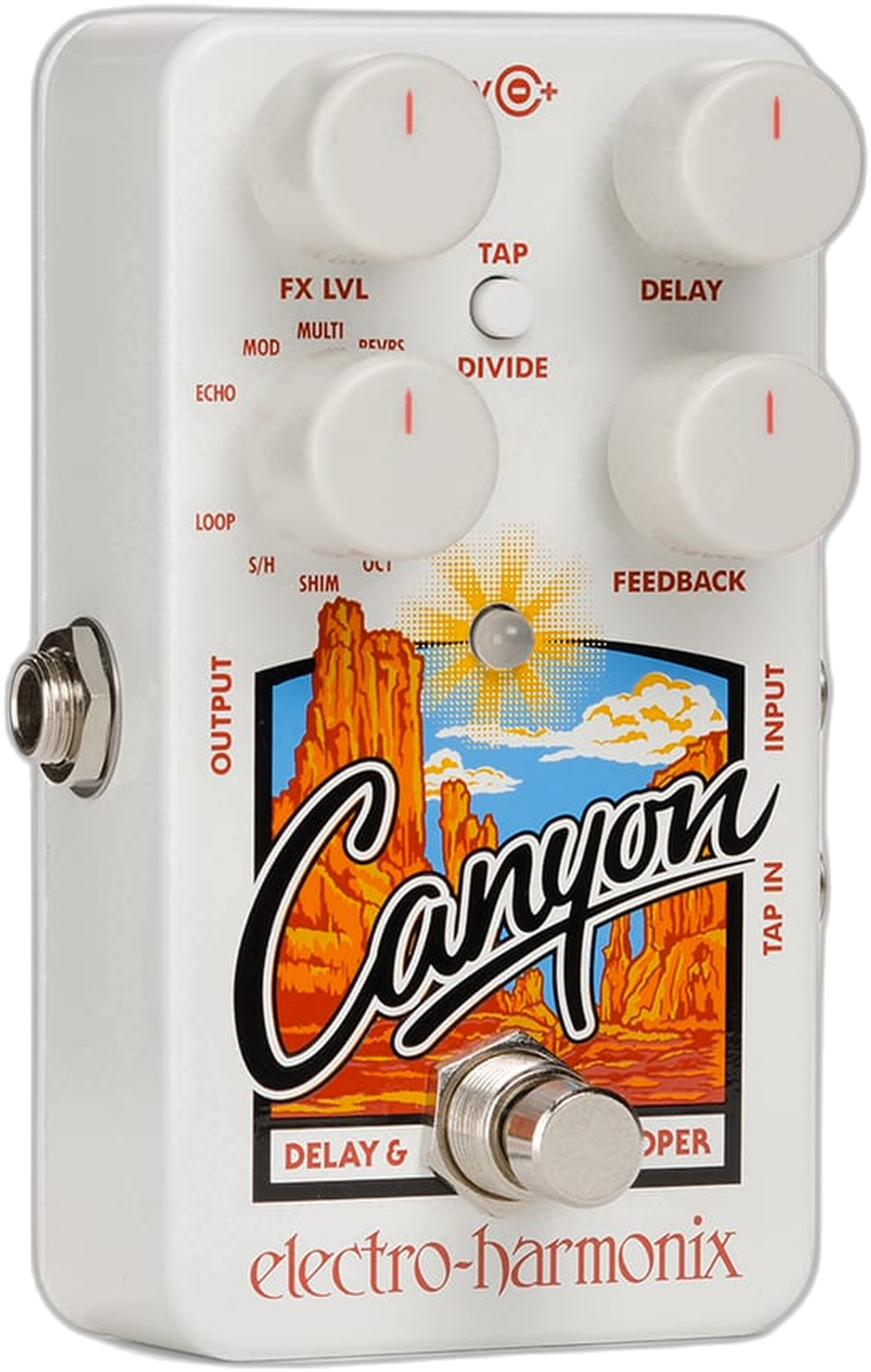 Electro-Harmonix Canyon, three-quarter view, white enclosure, canyon graphic, four knobs, delay and looper labels