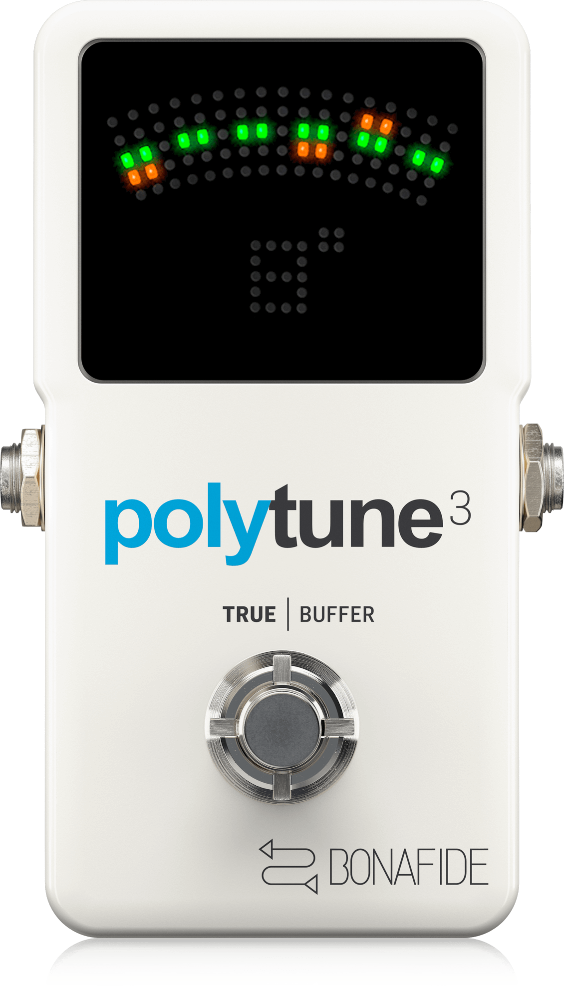 TC Electronic PolyTune 3, top-down view, white enclosure, LED tuner display, BONAFIDE buffer label