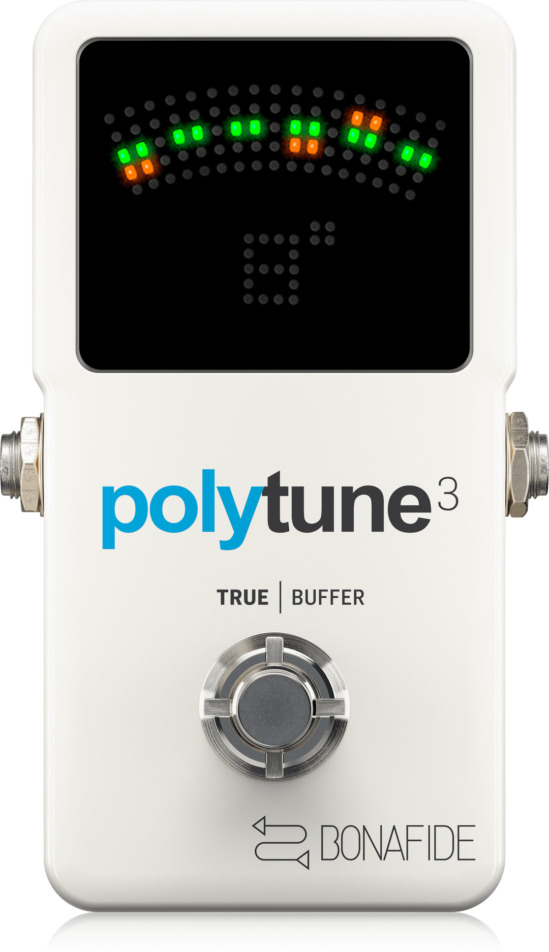 TC Electronic PolyTune 3, top-down view, white enclosure, LED tuner display, BONAFIDE buffer label