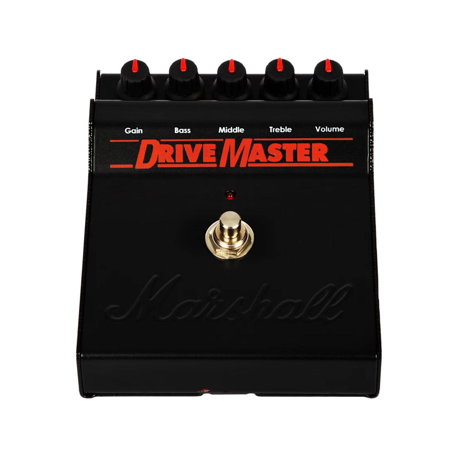 Marshall Drivemaster Reissue overdrive pedal, high-angle view, black enclosure with five knobs, red Drive Master lettering and Marshall script logo