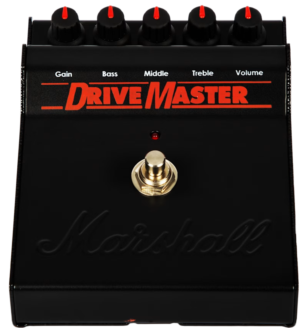 Marshall Drivemaster Reissue overdrive pedal, high-angle view, black enclosure with five knobs, red Drive Master lettering and Marshall script logo