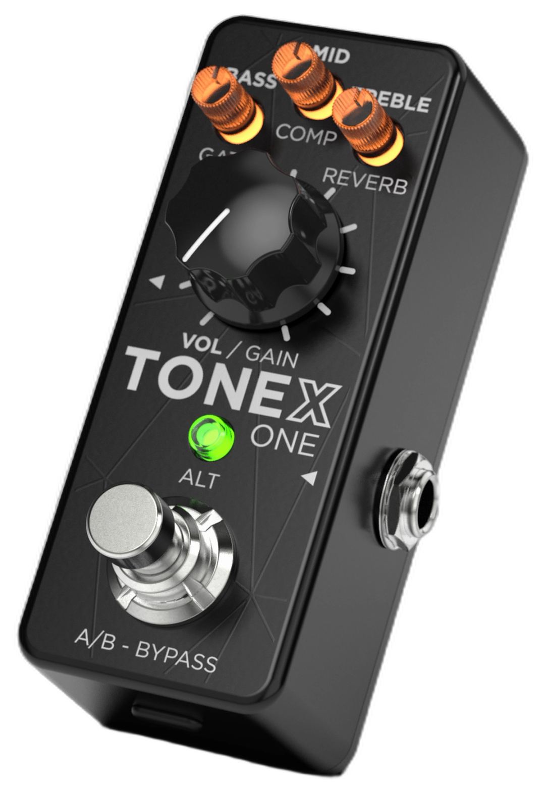 IK Multimedia TONEX One, three-quarter view, black mini enclosure, amber micro-knobs, VOL/GAIN knob, A/B footswitch