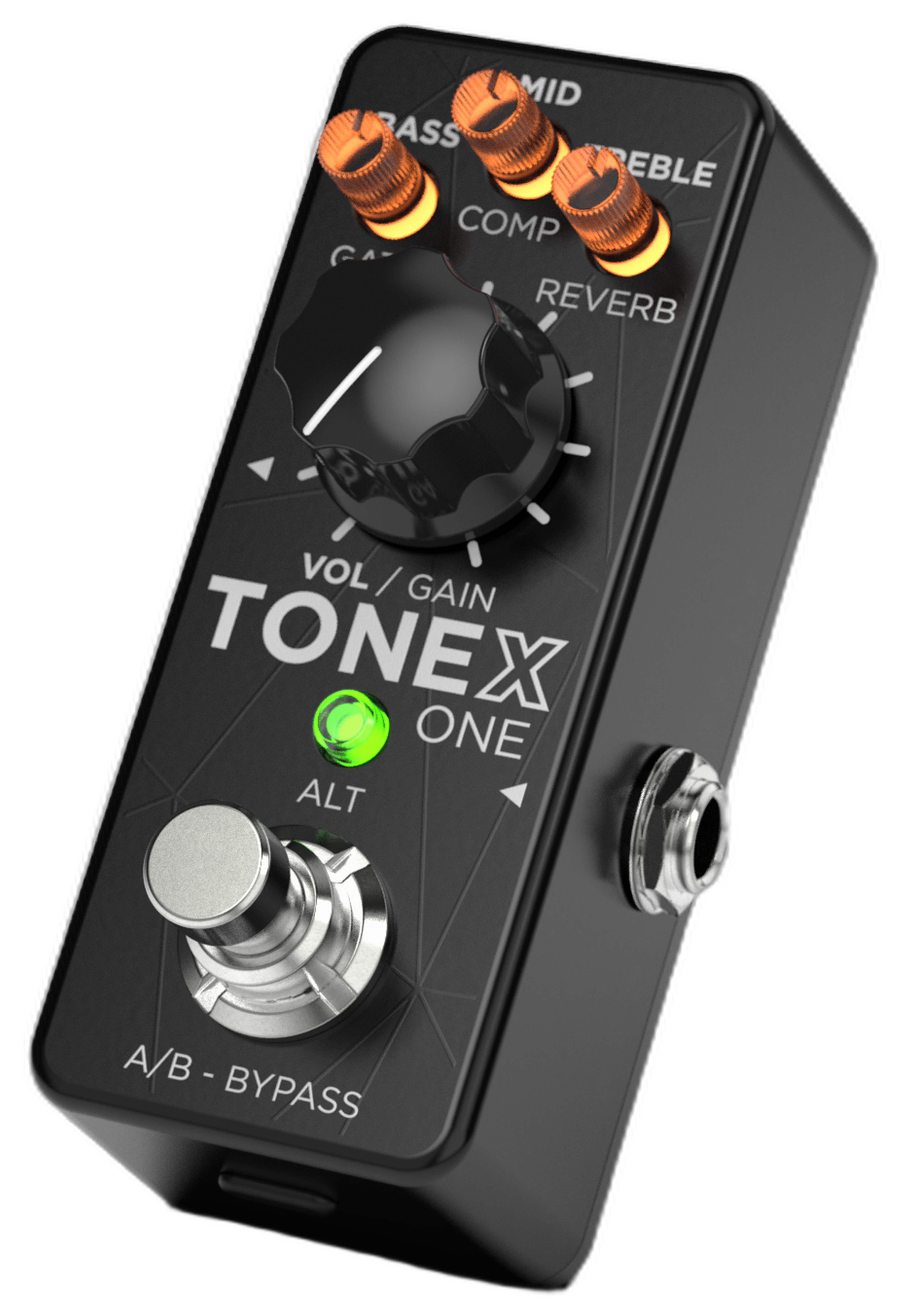 IK Multimedia TONEX One, three-quarter view, black mini enclosure, amber micro-knobs, VOL/GAIN knob, A/B footswitch