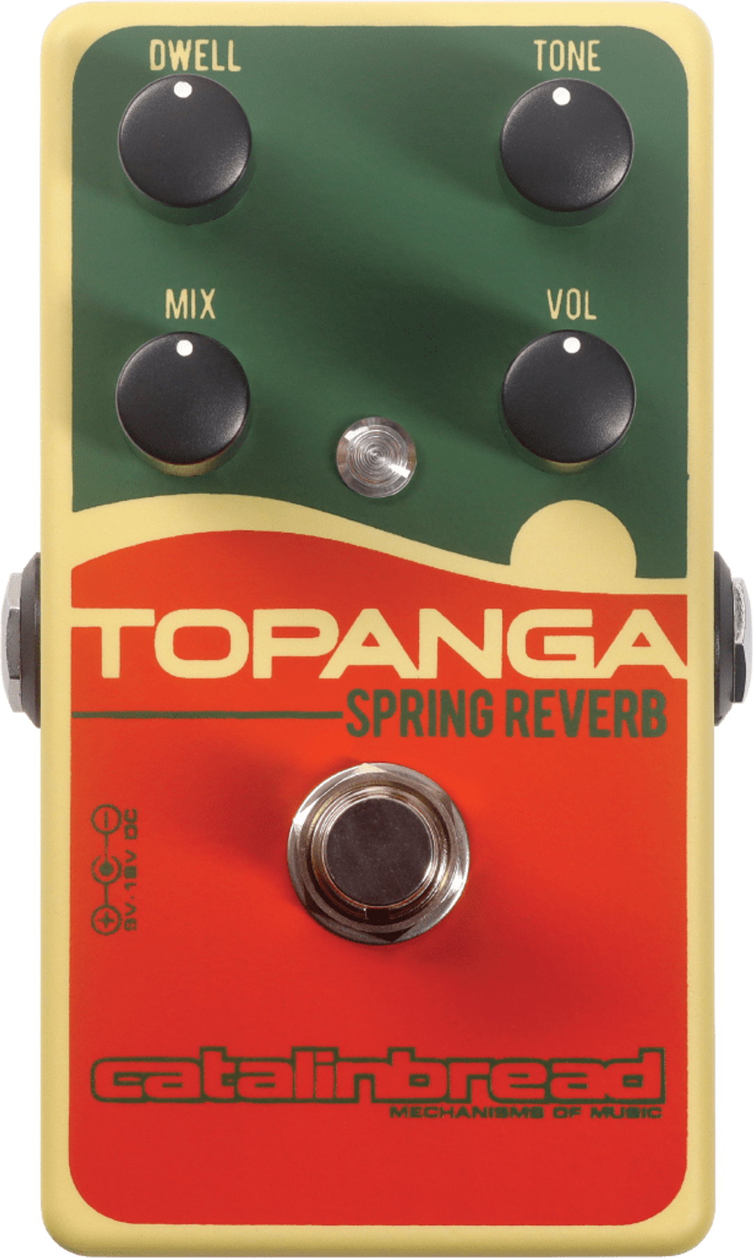 Catalinbread Topanga spring reverb pedal, top view, green and red enclosure with Dwell, Tone, Mix and Volume knobs and footswitch