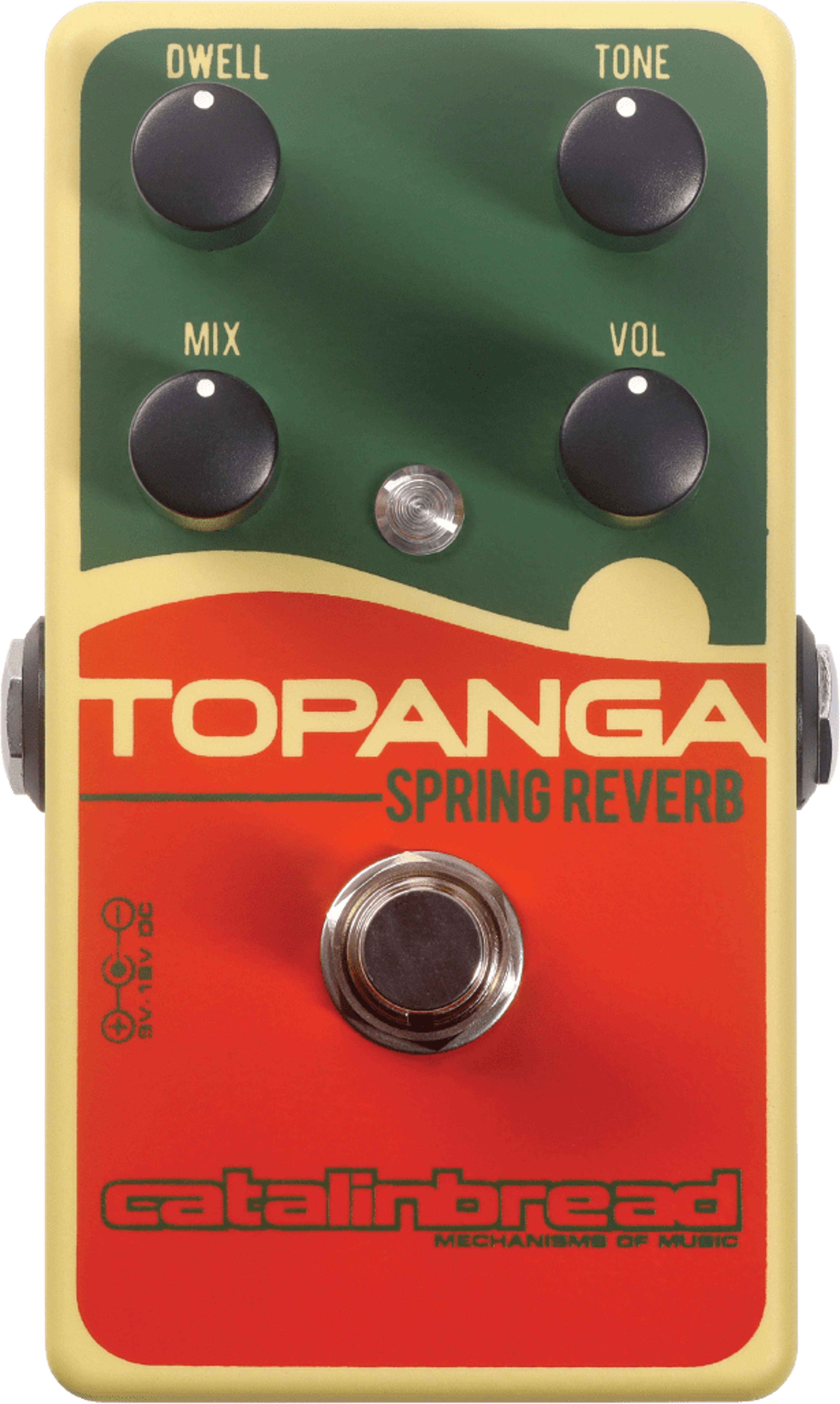 Catalinbread Topanga spring reverb pedal, top view, green and red enclosure with Dwell, Tone, Mix and Volume knobs and footswitch