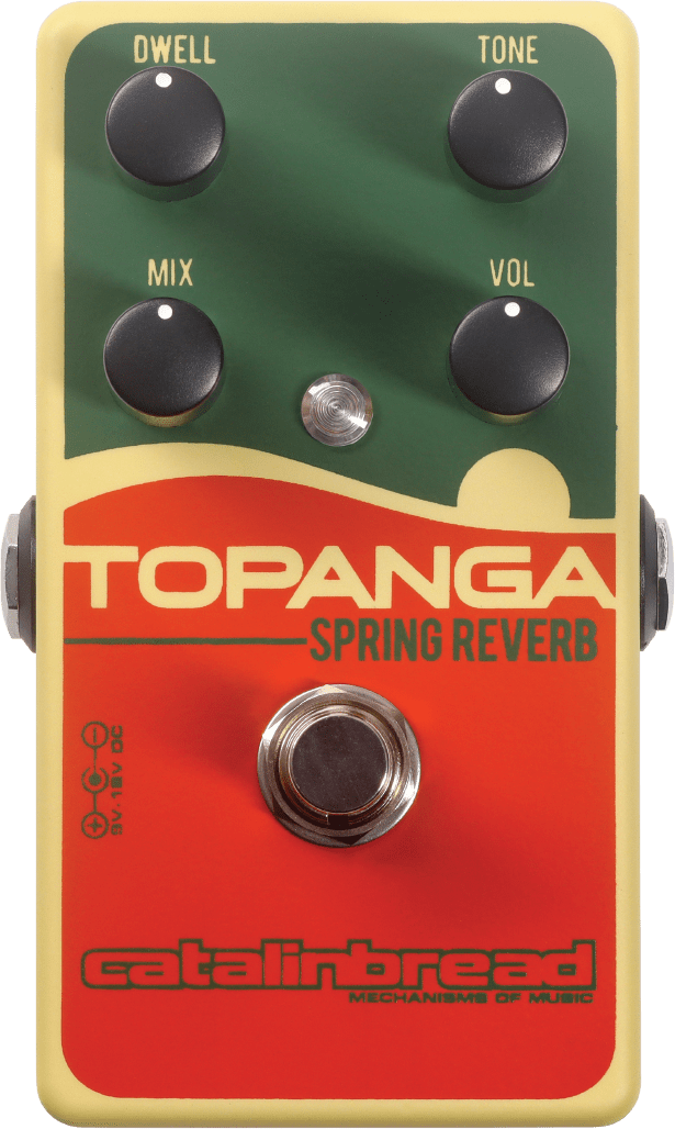Catalinbread Topanga spring reverb pedal, top view, green and red enclosure with Dwell, Tone, Mix and Volume knobs and footswitch