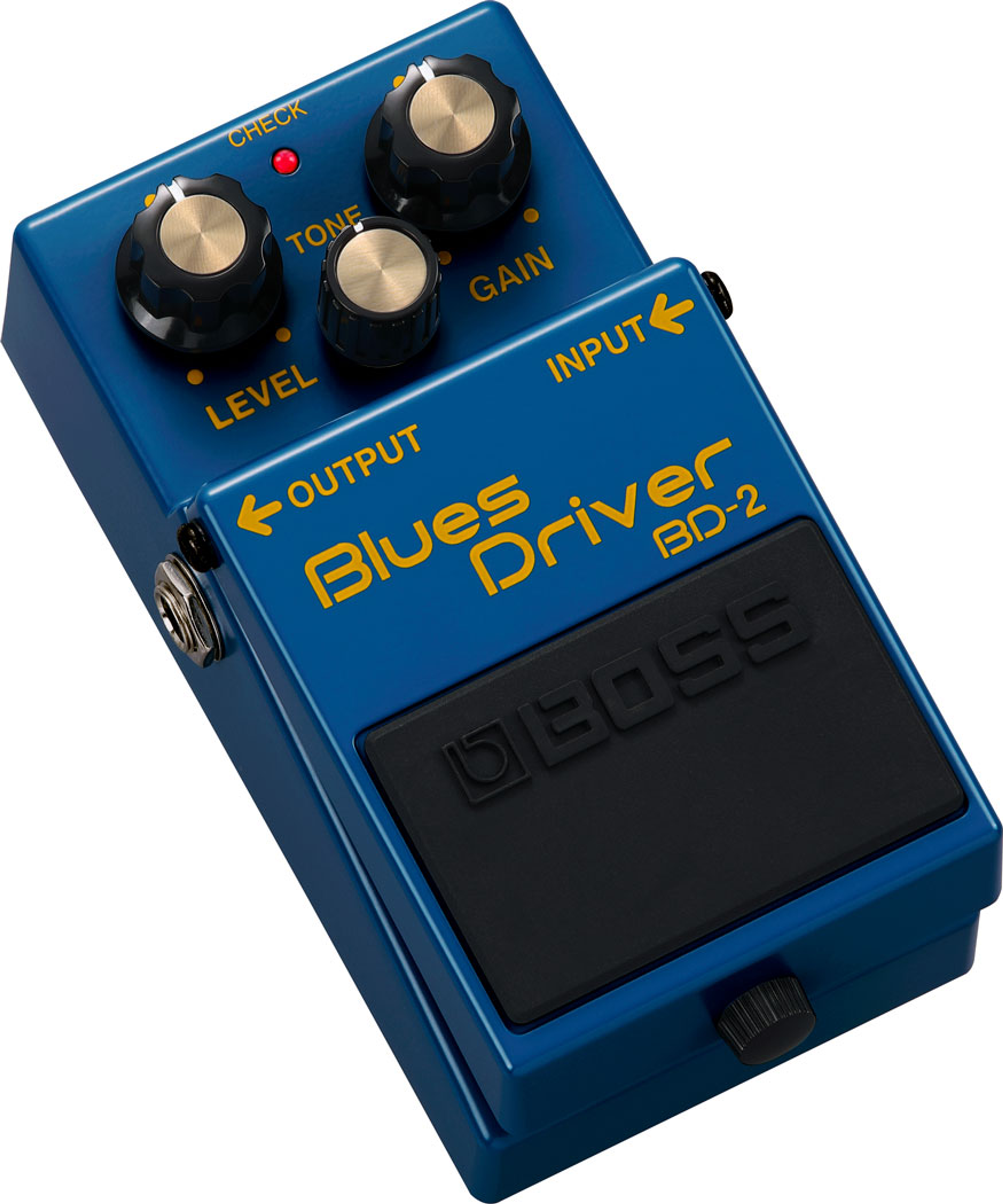 BOSS BD-2 Blues Driver three-quarter view showing blue enclosure, yellow Blues Driver BD-2 lettering and side jacks
