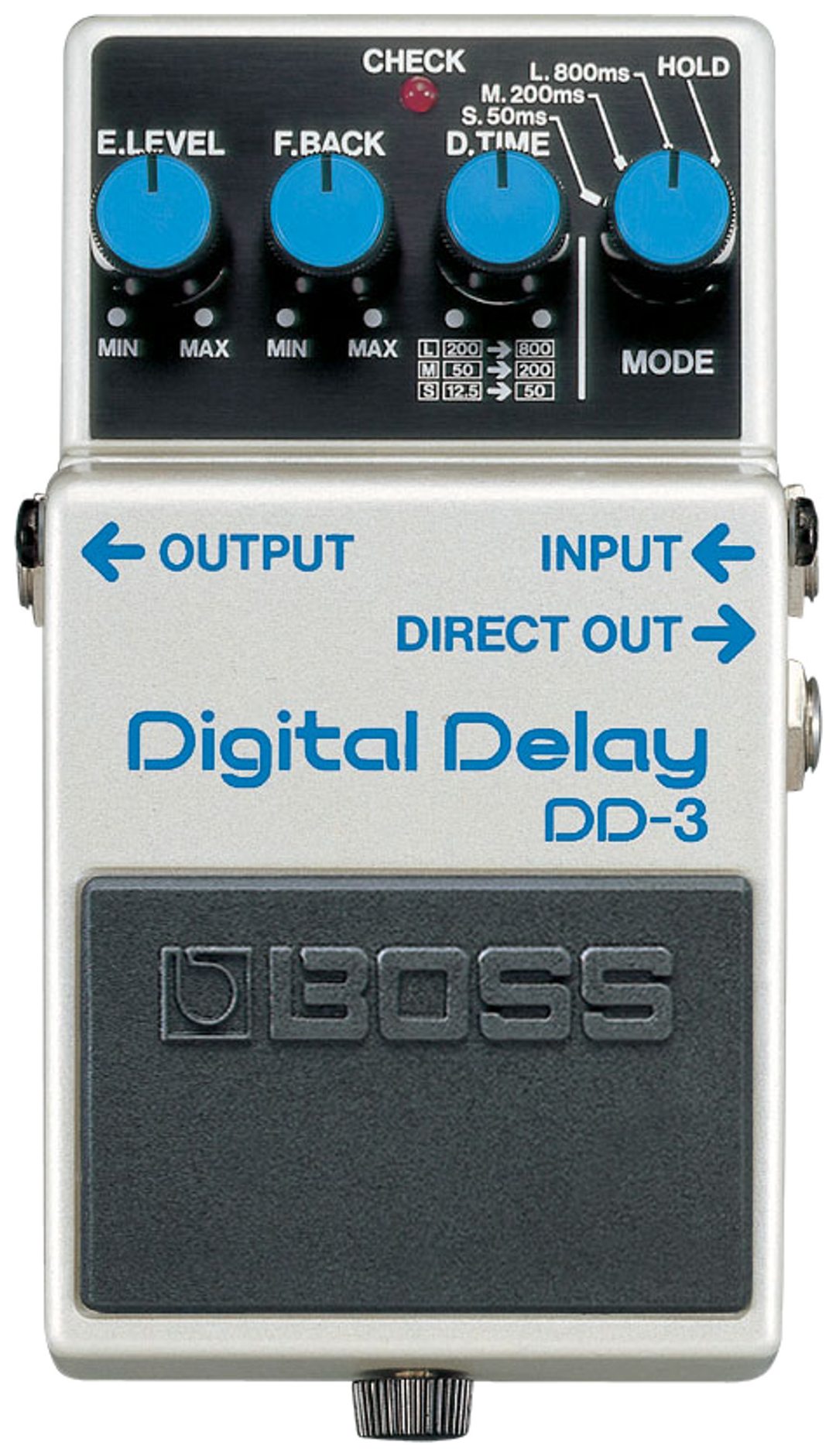 BOSS DD-3 Digital Delay, top-down view, white compact housing with blue lettering, three control knobs and Mode selector