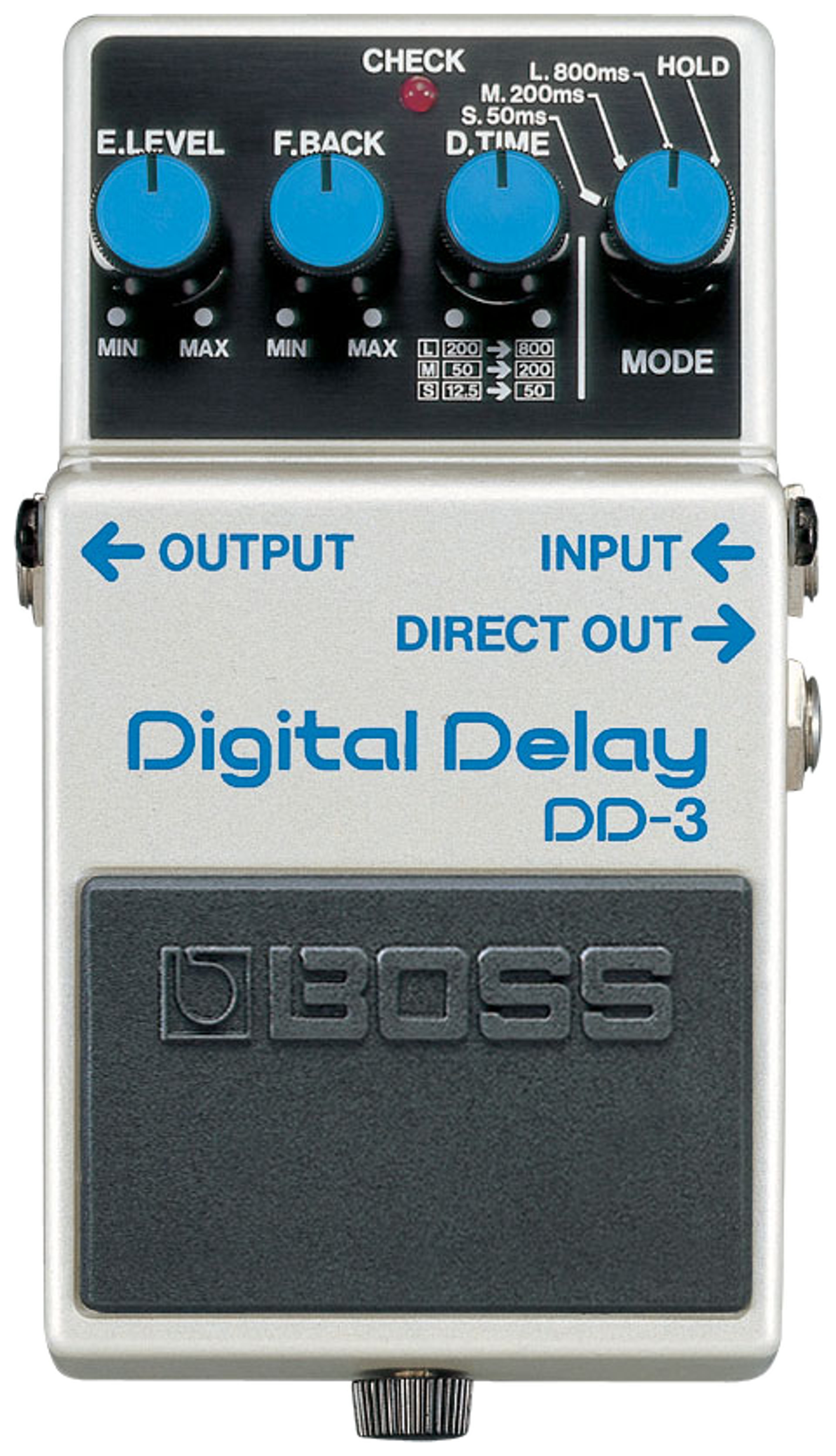 BOSS DD-3 Digital Delay, top-down view, white compact housing with blue lettering, three control knobs and Mode selector